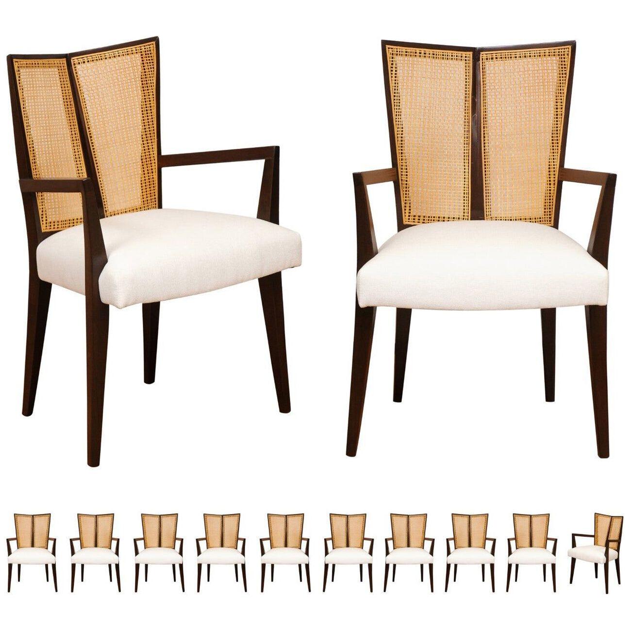 All Arms, Breathtaking Set of 12 Modern V-Back Cane Arm Chairs by Michael Taylor