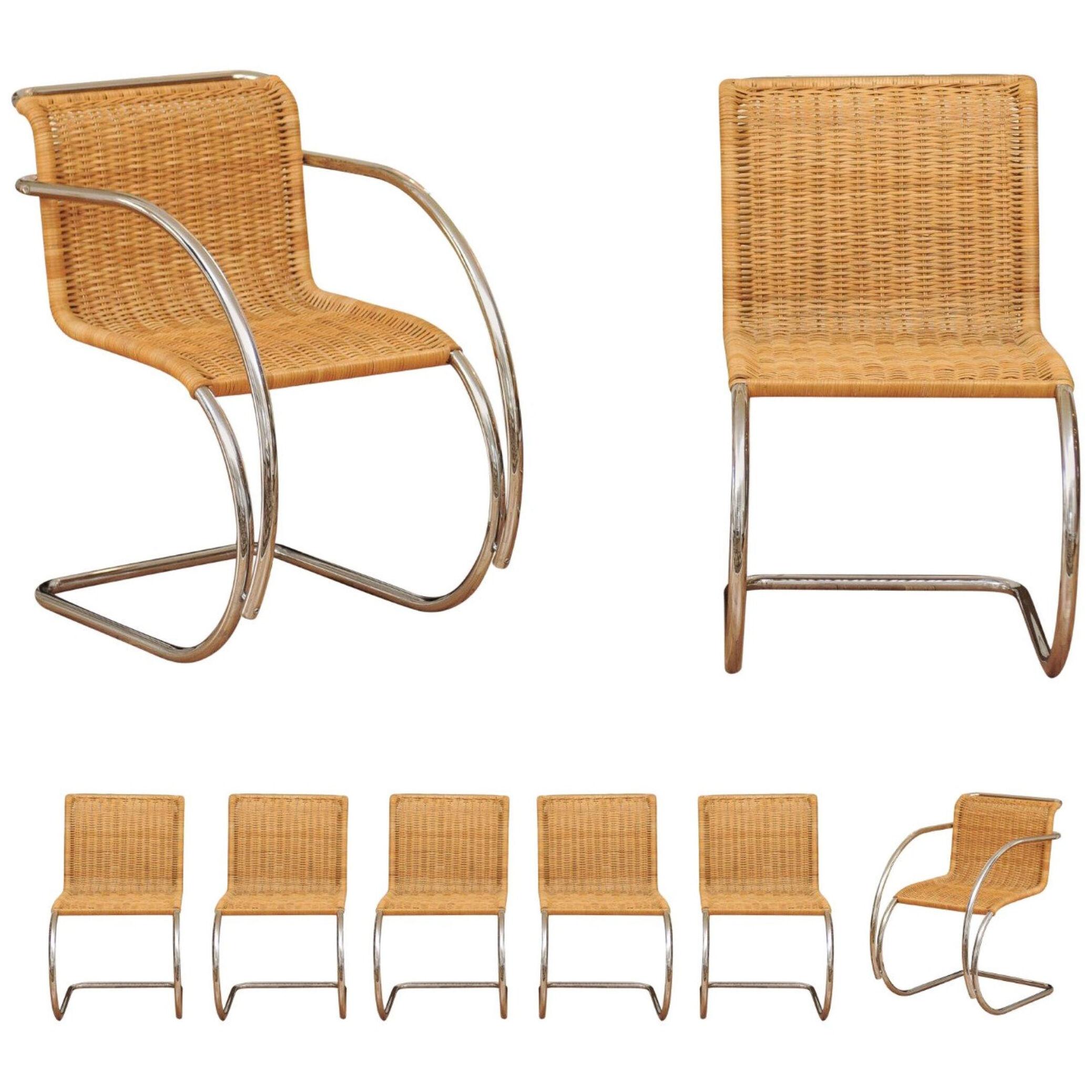 Pristine Set of Eight Italian Wicker Chairs in the Style of Mies van der Rohe