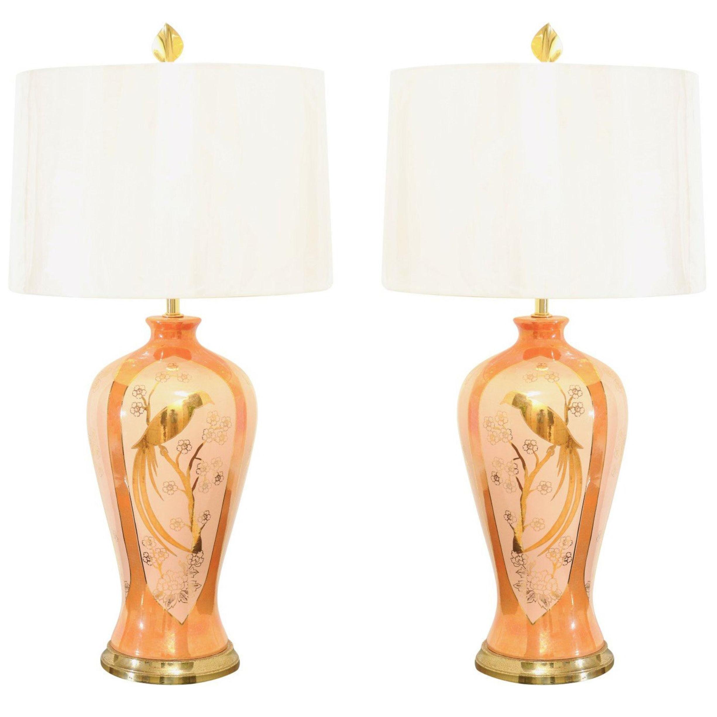 Chic Pair of Porcelain Marbro Lamps in Hermes Orange and Coral, circa 1960