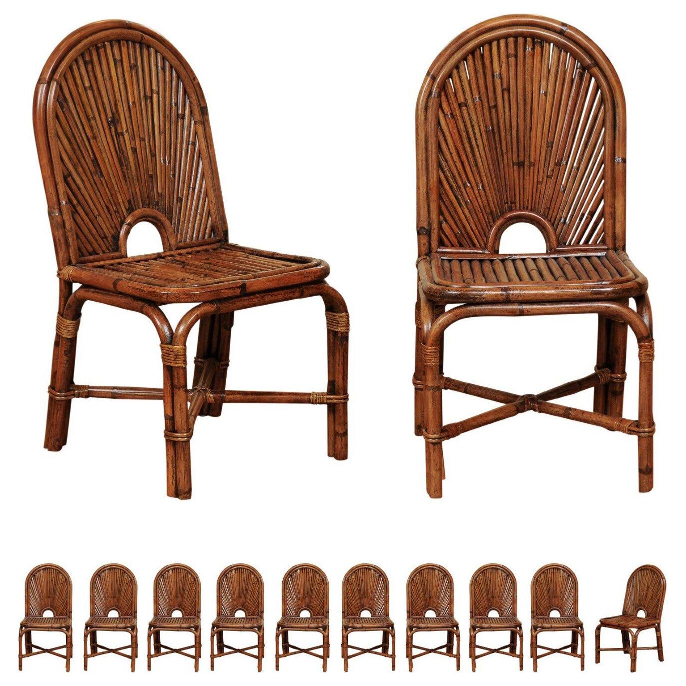 Spectacular Restored Set of 12 Rattan and Bamboo Dining Chairs, circa 1975
