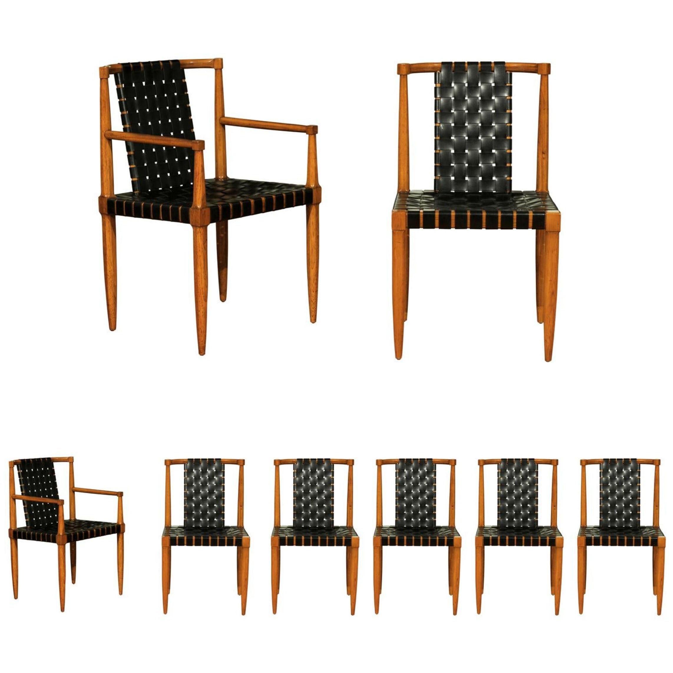 Miraculous Rare Set of 8 Leather Strap Dining Chairs by Tomlinson, dated 1958