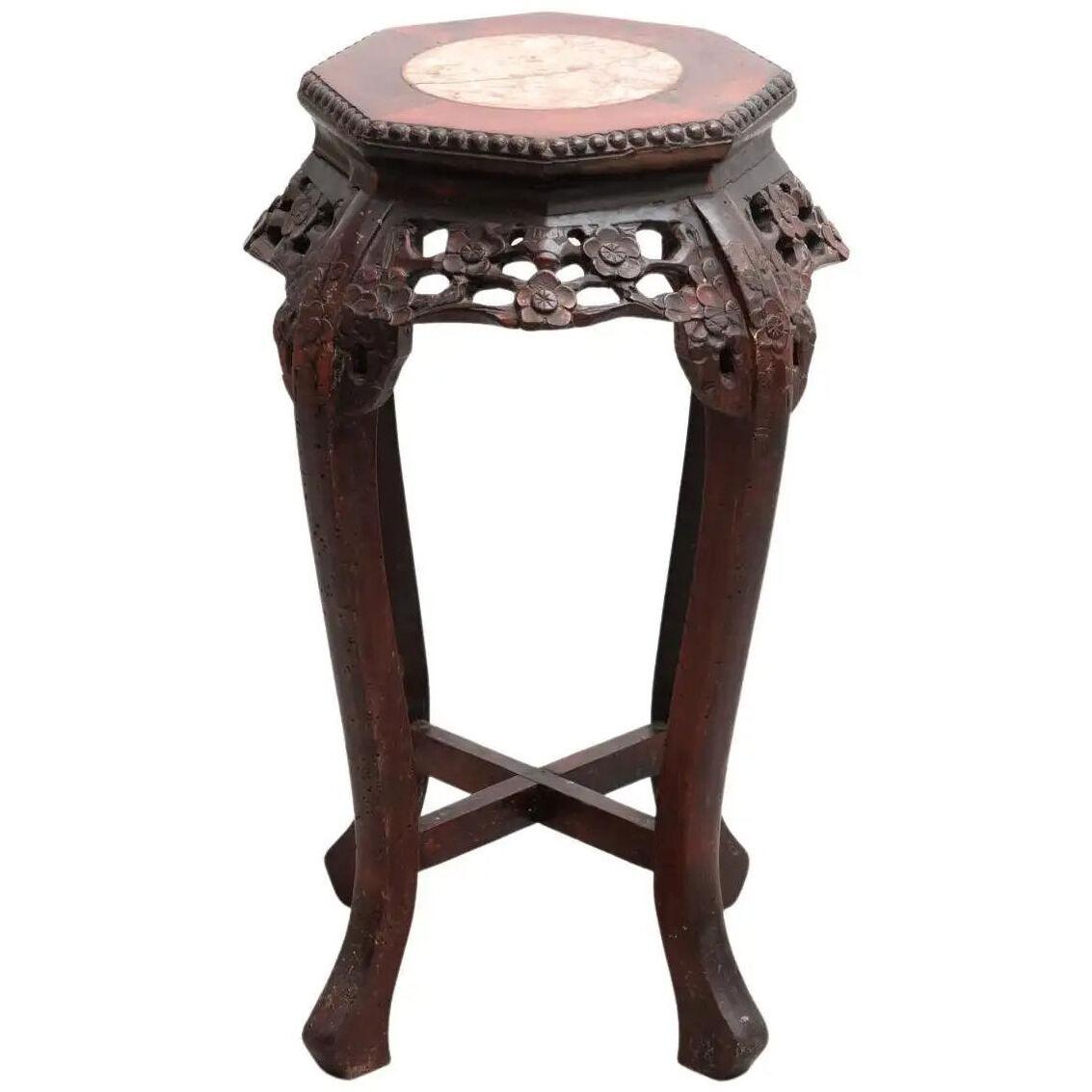 1930s Wood and Marble Oriental Side Table