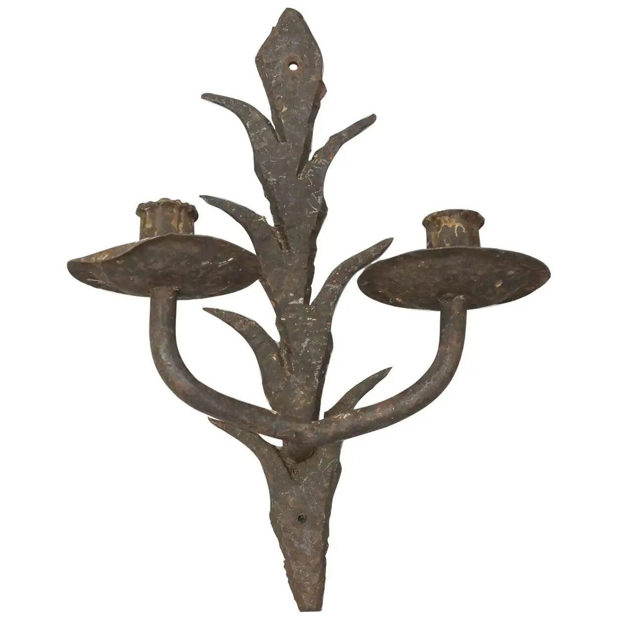 Antique Rustic Spanish Wall Chandelier in Wrought Iron