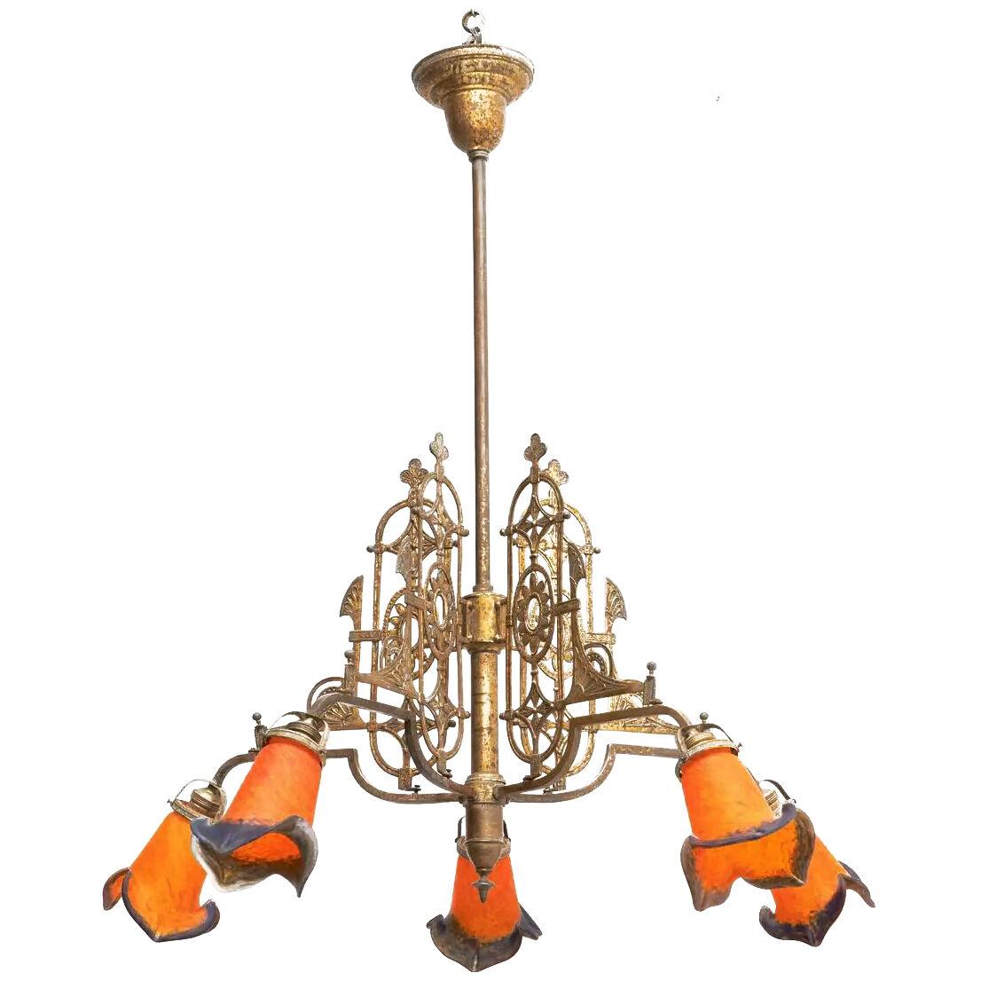 Vintage French Brass and Glass Ceiling Lamp circa 1930