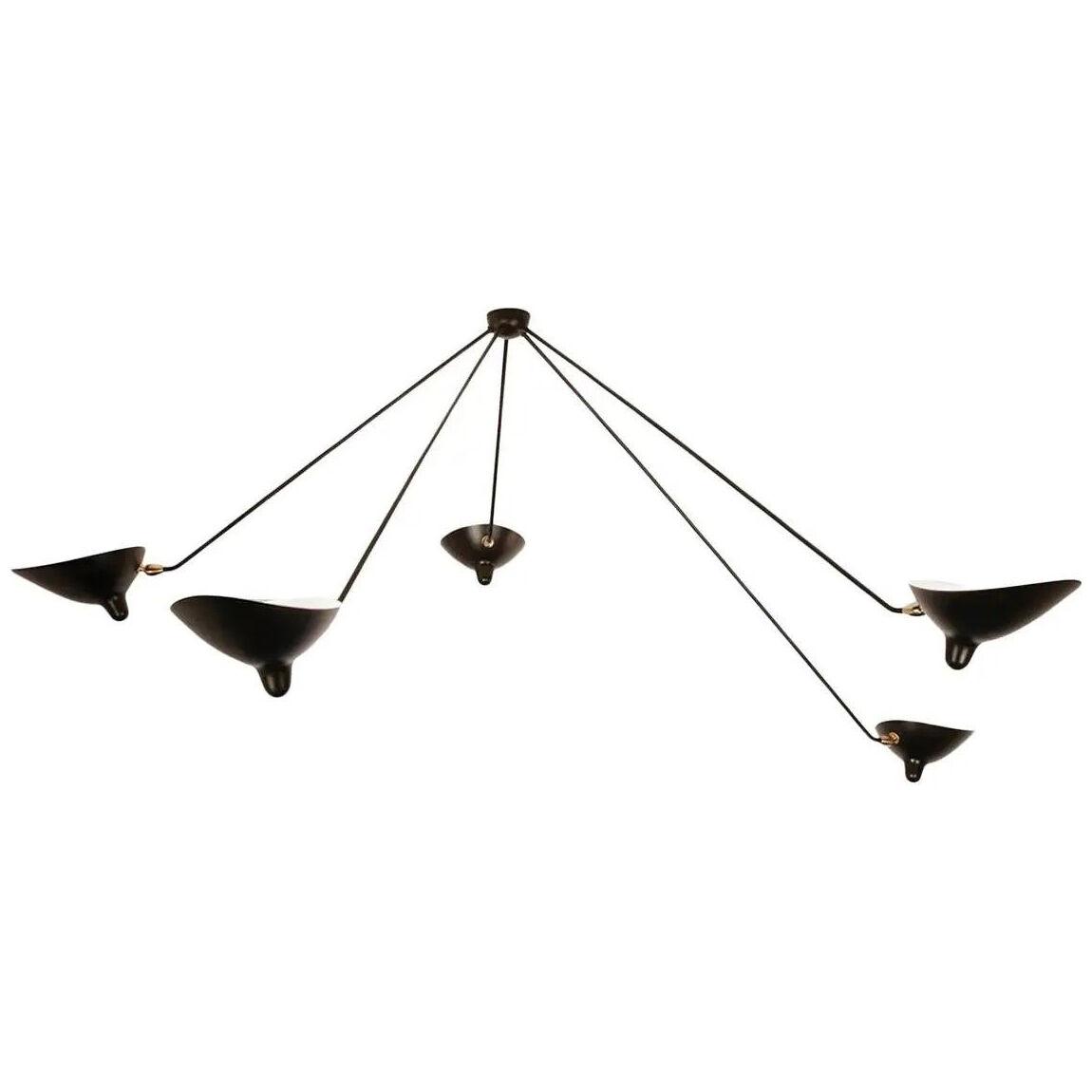 Serge Mouille Mid-Century Modern Black Five Fixed Arms Spider Ceiling Lamp