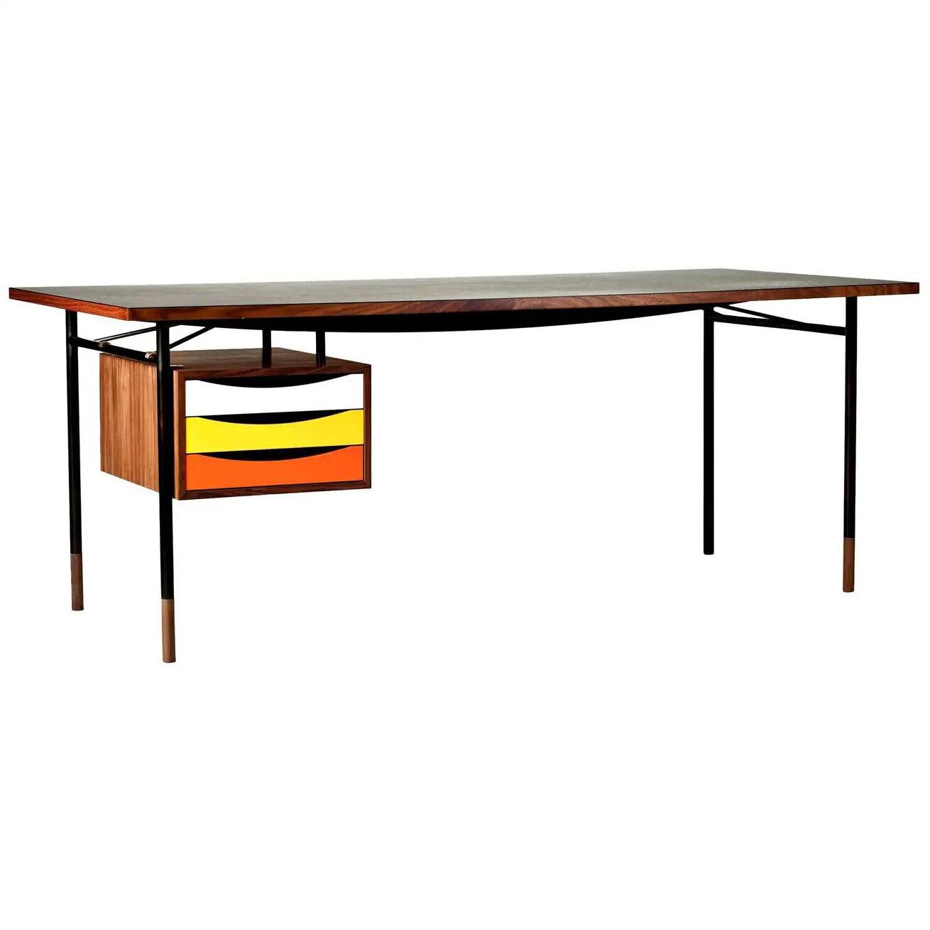 Finn Juhl Nyhavn Desk Wood and Black Lino with Tray Unit in Warm Colorway