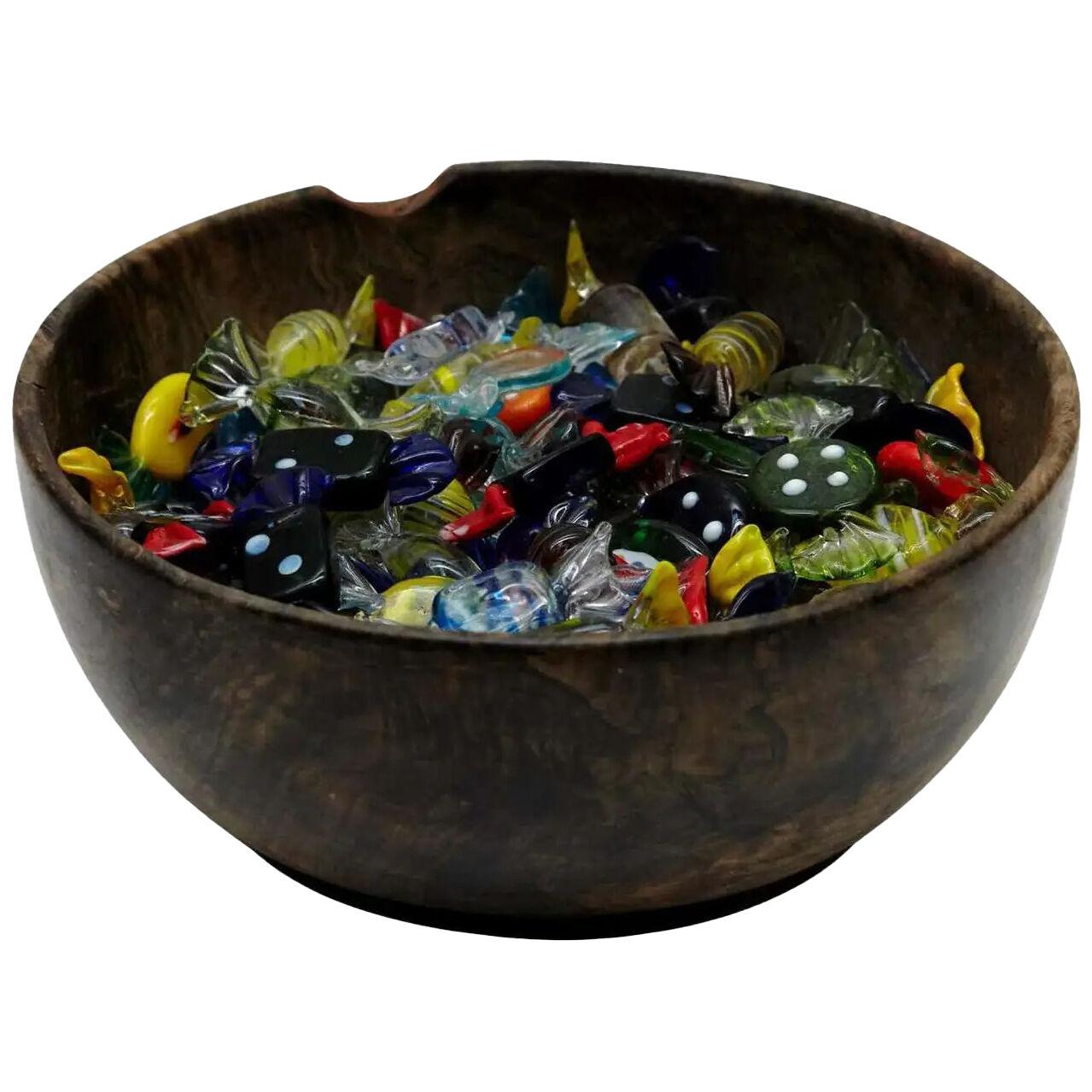 Large Set of Murano Glass Candy Small Sculptures on Olive Wood Bowl, circa 1970