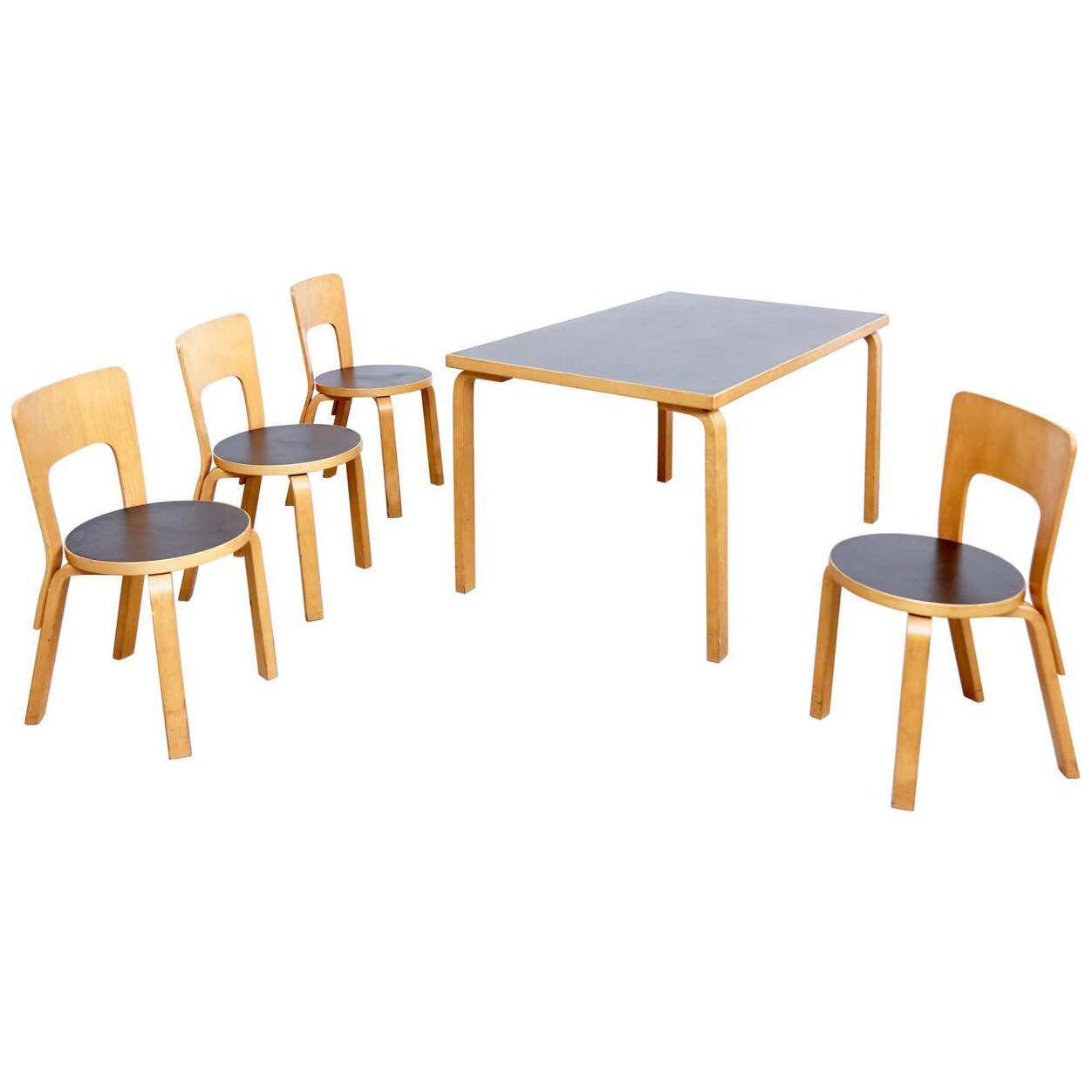 Alvar Aalto Dining Table and Four Chairs, circa 1970
