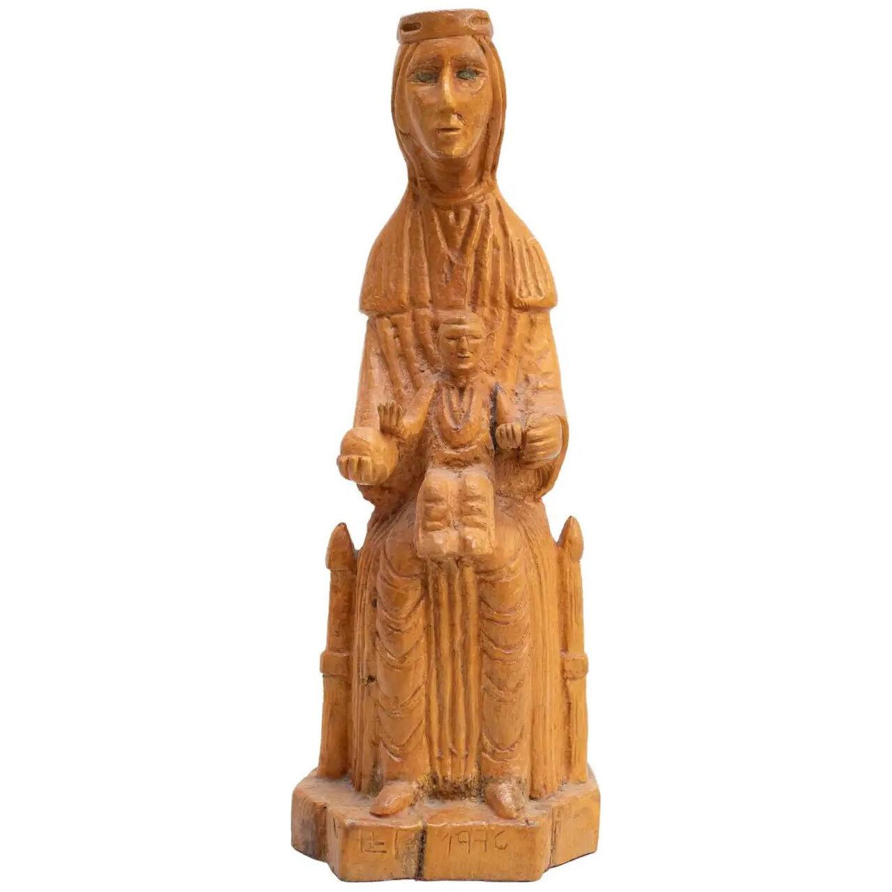 Traditional Catalan Religious Virgin "La Moreneta" Wooden Sculpture