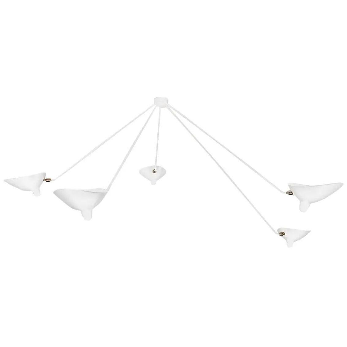 Serge Mouille Mid-Century Modern White Five Fixed Arms Spider Ceiling Lamp