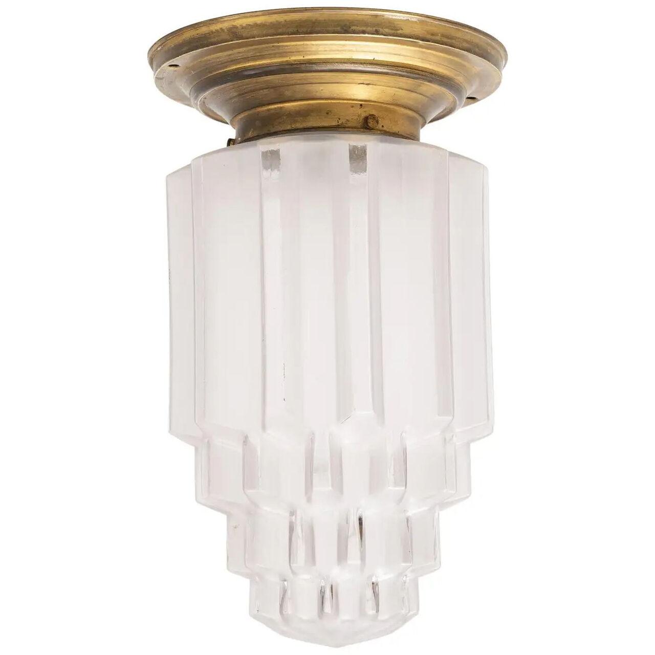 Vintage Art Deco Brass and Glass Ceiling Lamp, circa 1940