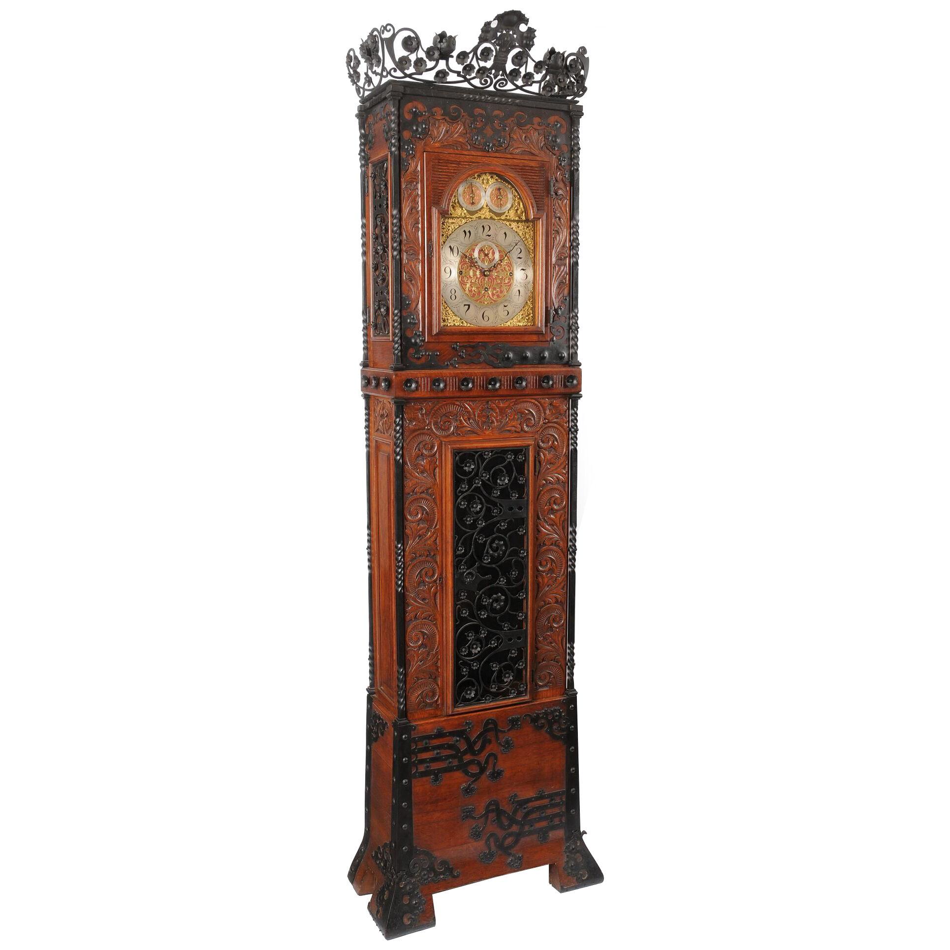 Tall Aesthetic Movement Oak and Wrought Iron Case Clock