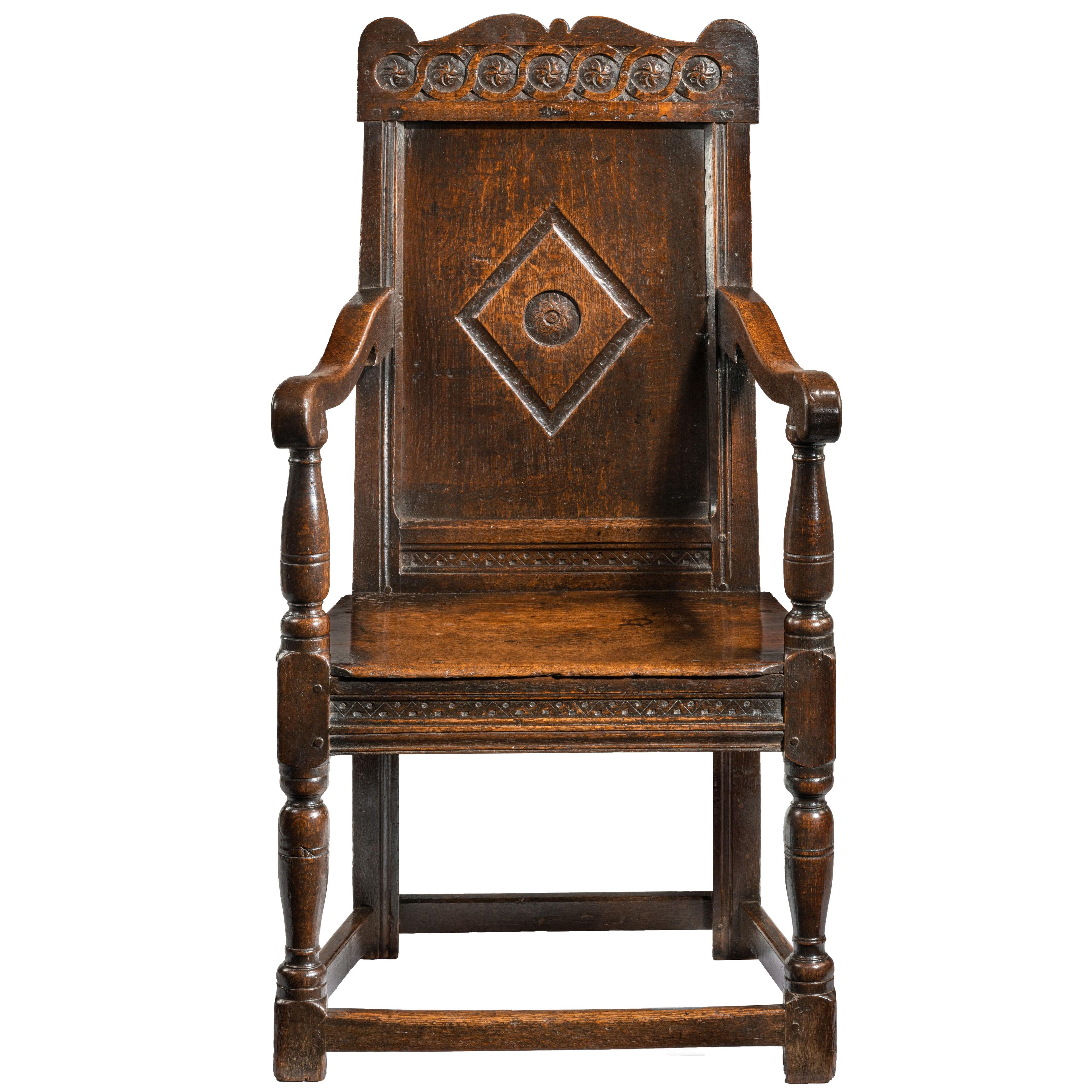 Charles II Joined Oak Panel Back Open Armchair