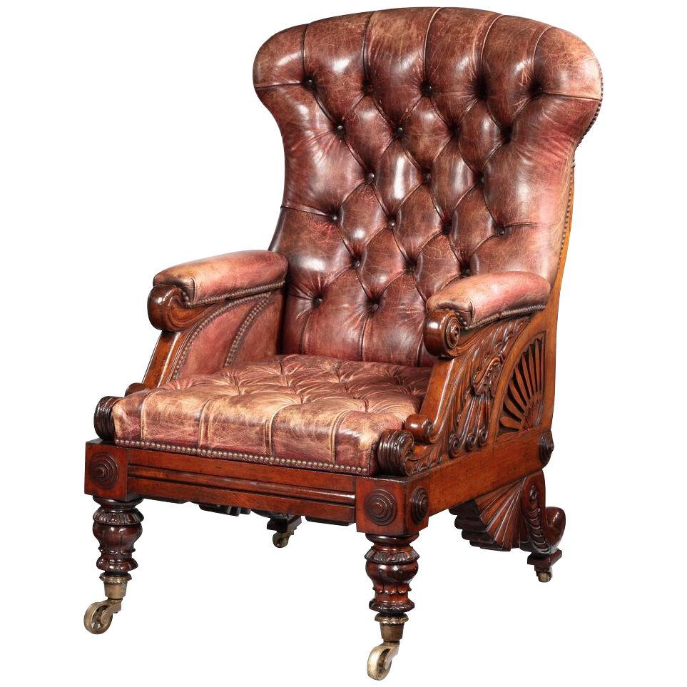Carved Mahogany Reclining Library Chair, Designed by William Smee (1805-1890)