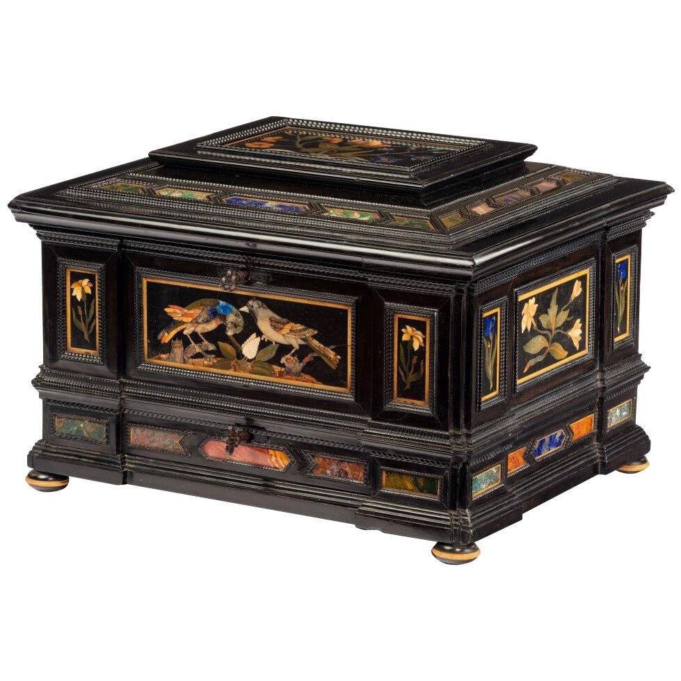 Ebony Casket Mounted with Florentine Pietra Dura Panels and Specimen Marbles