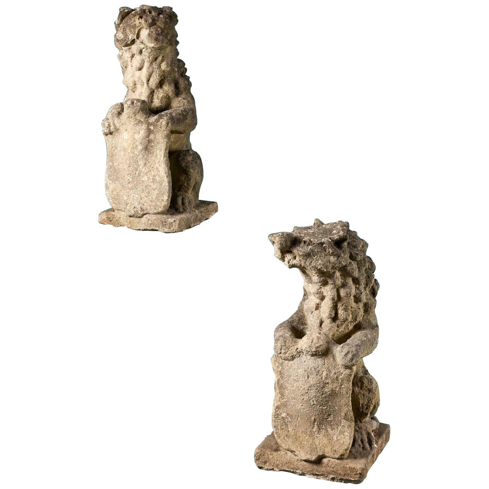 Pair of 18th Century Armorial Stone Lion Statues
