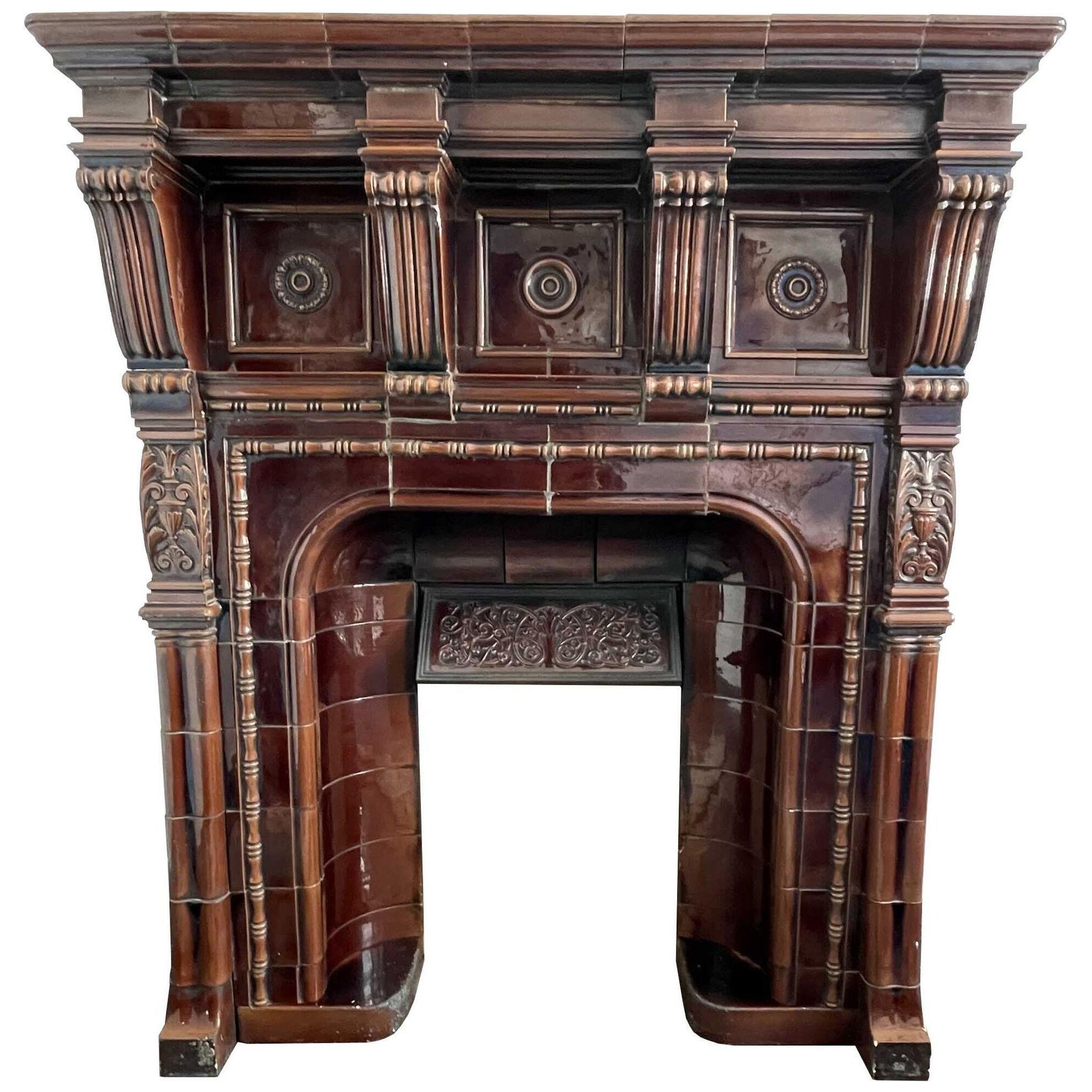 Large Antique Glazed Ceramic Fireplace