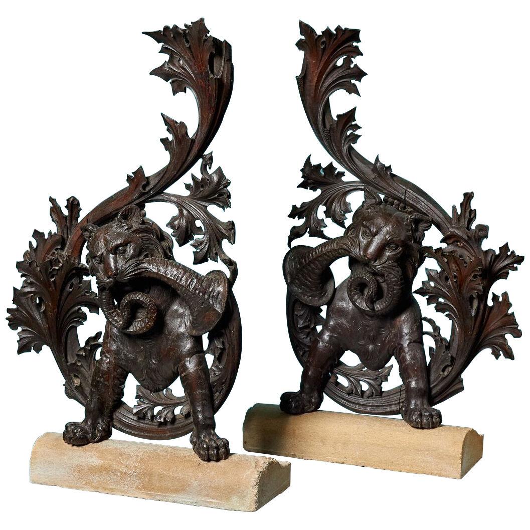 Two Mounted Antique Carved Oak Sculptures