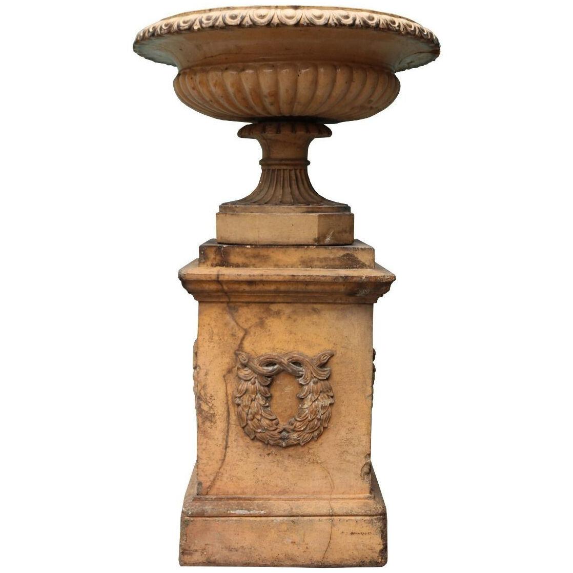 An Antique Glazed Terracotta Tazza Urn on Pedestal
