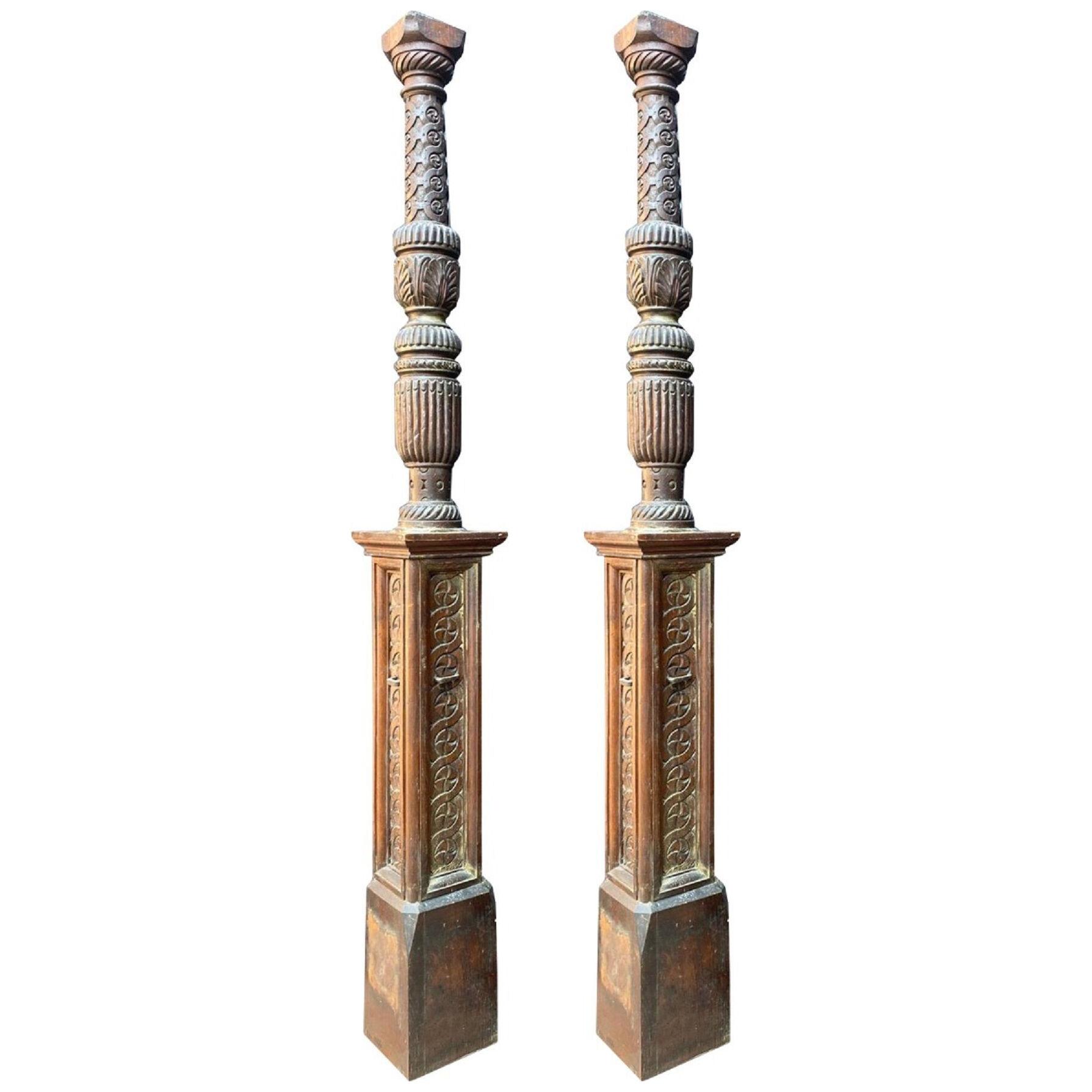 A Pair of Tudor Period Carved Oak Bed Posts