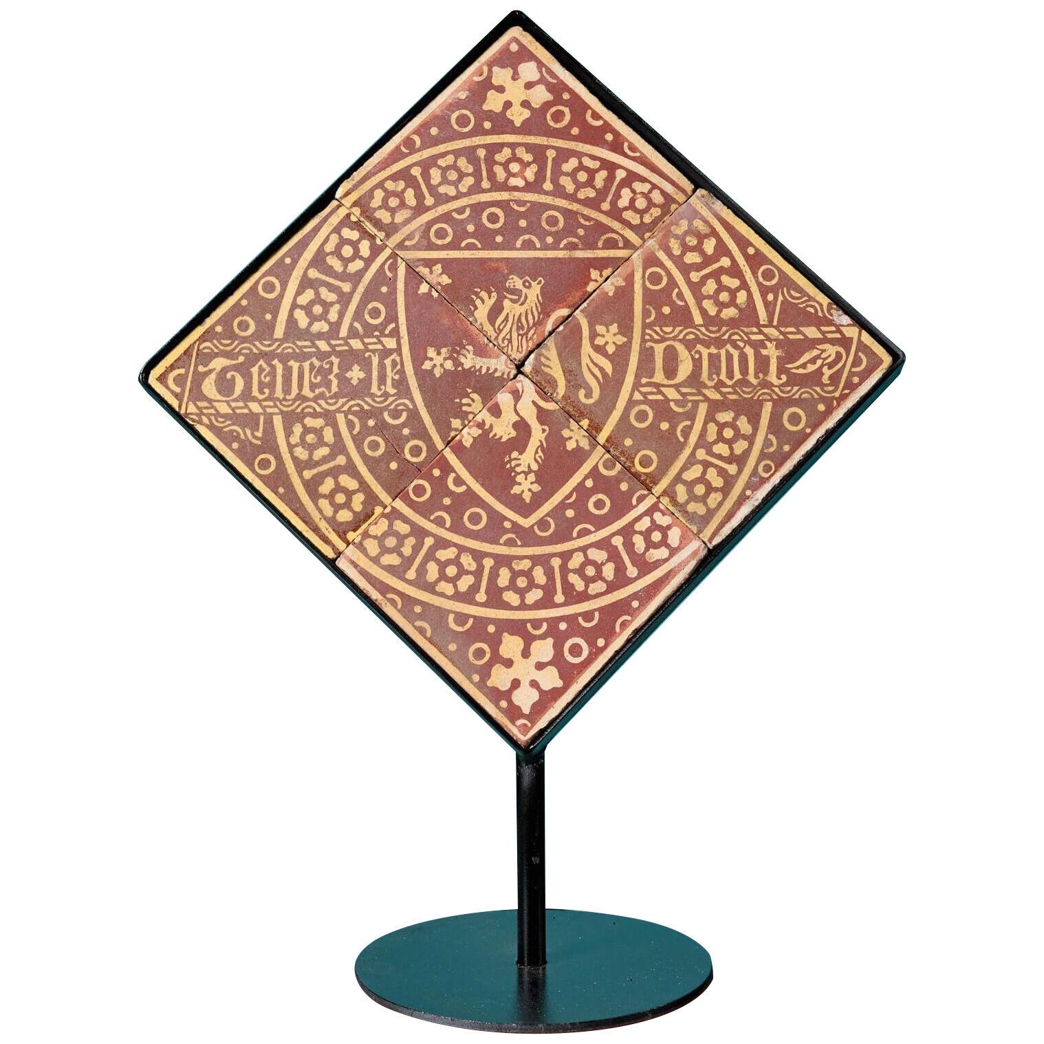 English Antique Heraldic Tiles with French Inscription ‘Tenez le Droit’