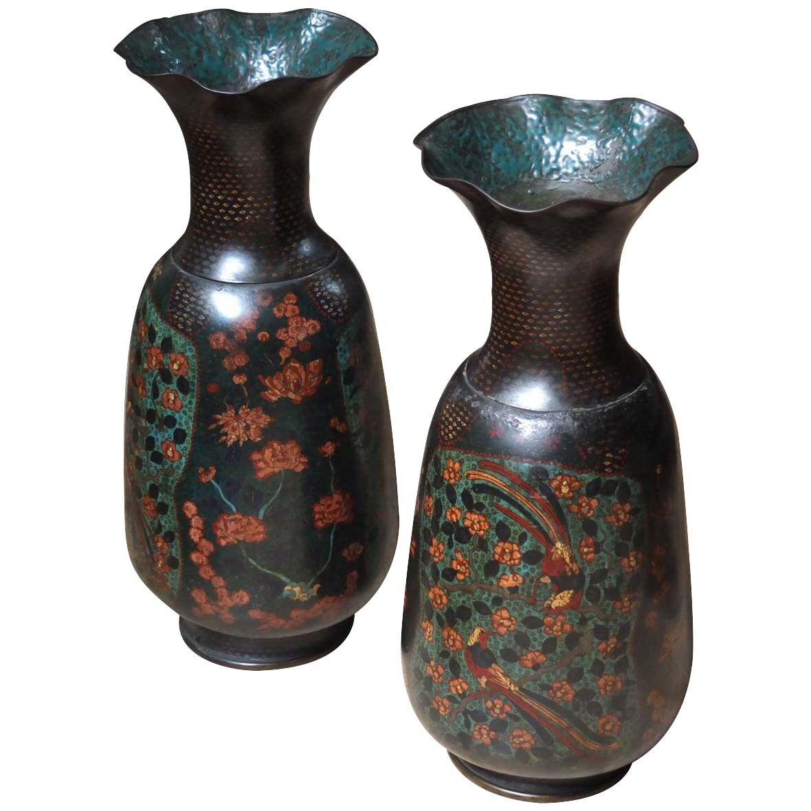 A pair of  tall cloisonné vases