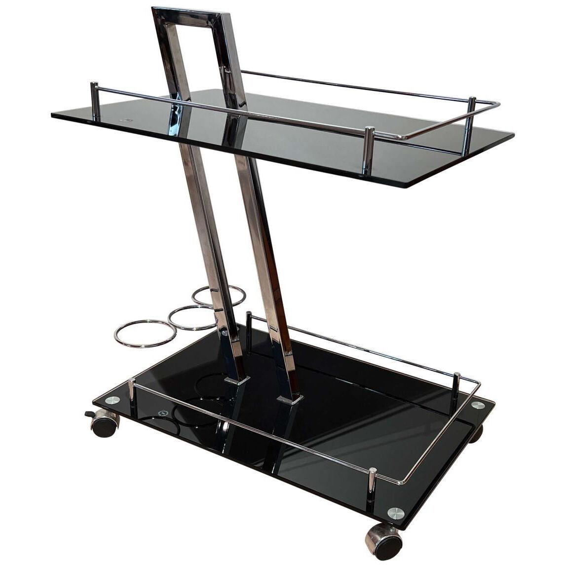 Vintage Serving Trolley or Bar Cart, Black Glass and Chrome, Italy, 1970s
