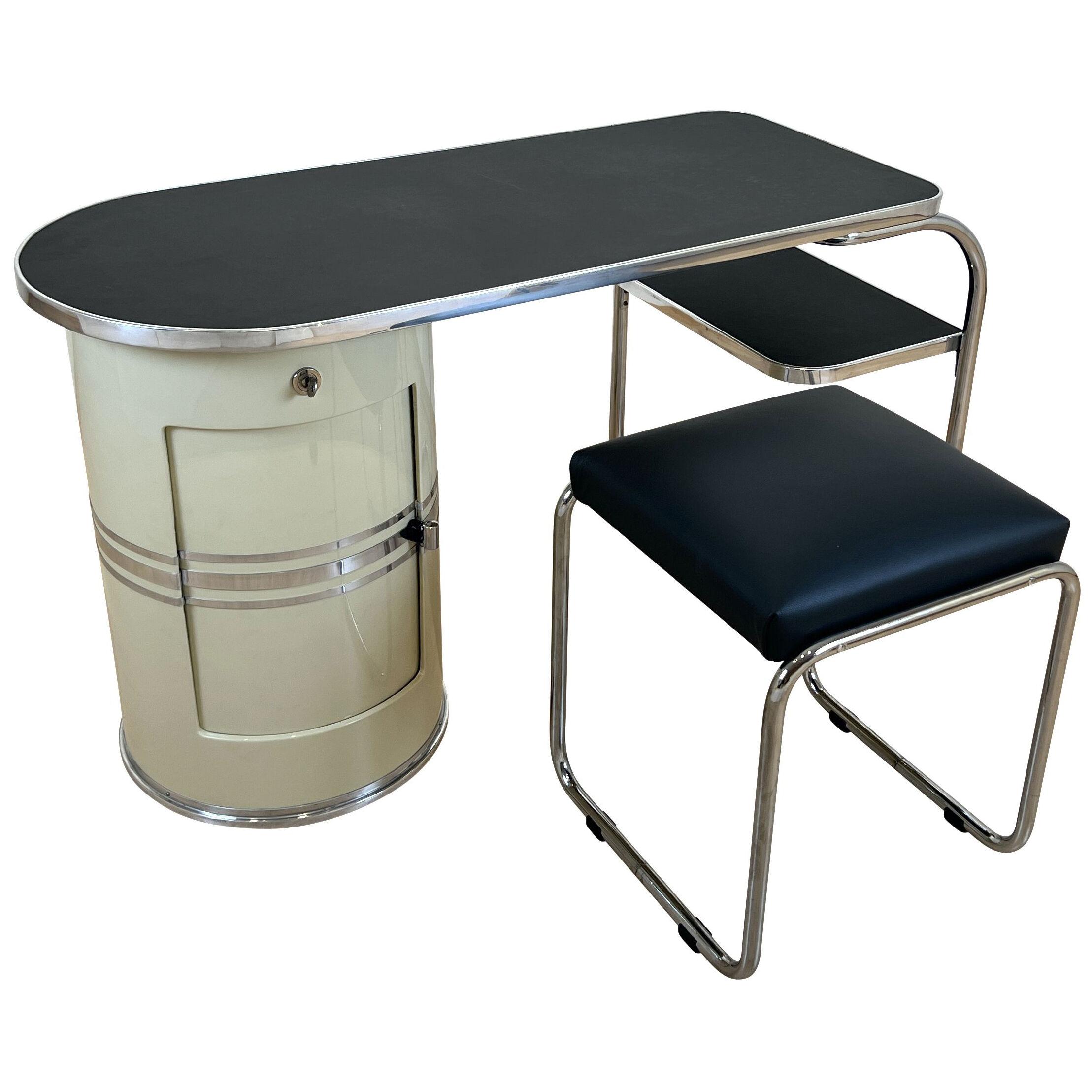 Bauhaus Desk and Stool by Mauser, Cream-white and Steeltubes, Germany circa 1940