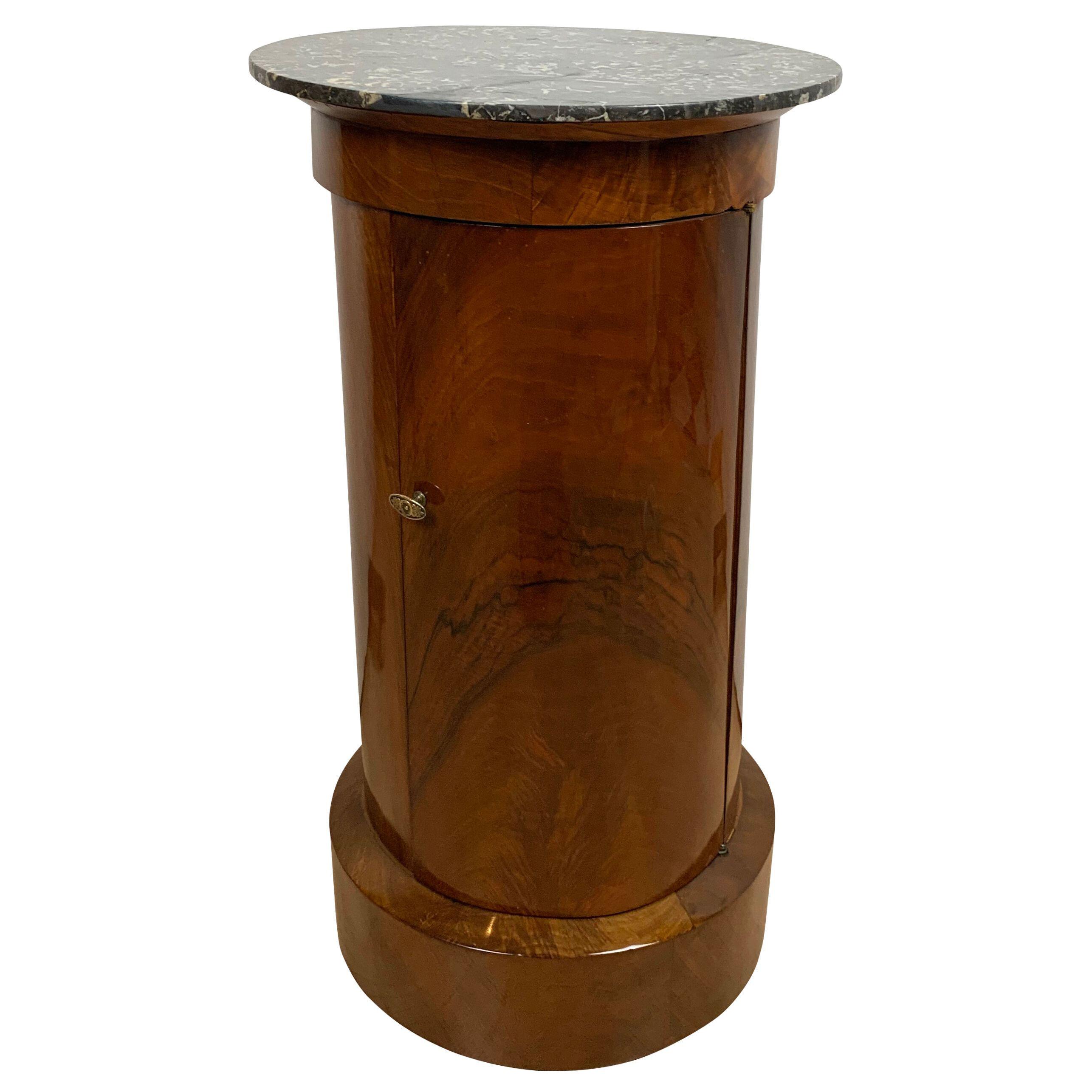 Biedermeier Drum Cabinet, Walnut Veneer, Marble, Brass, France circa 1830	