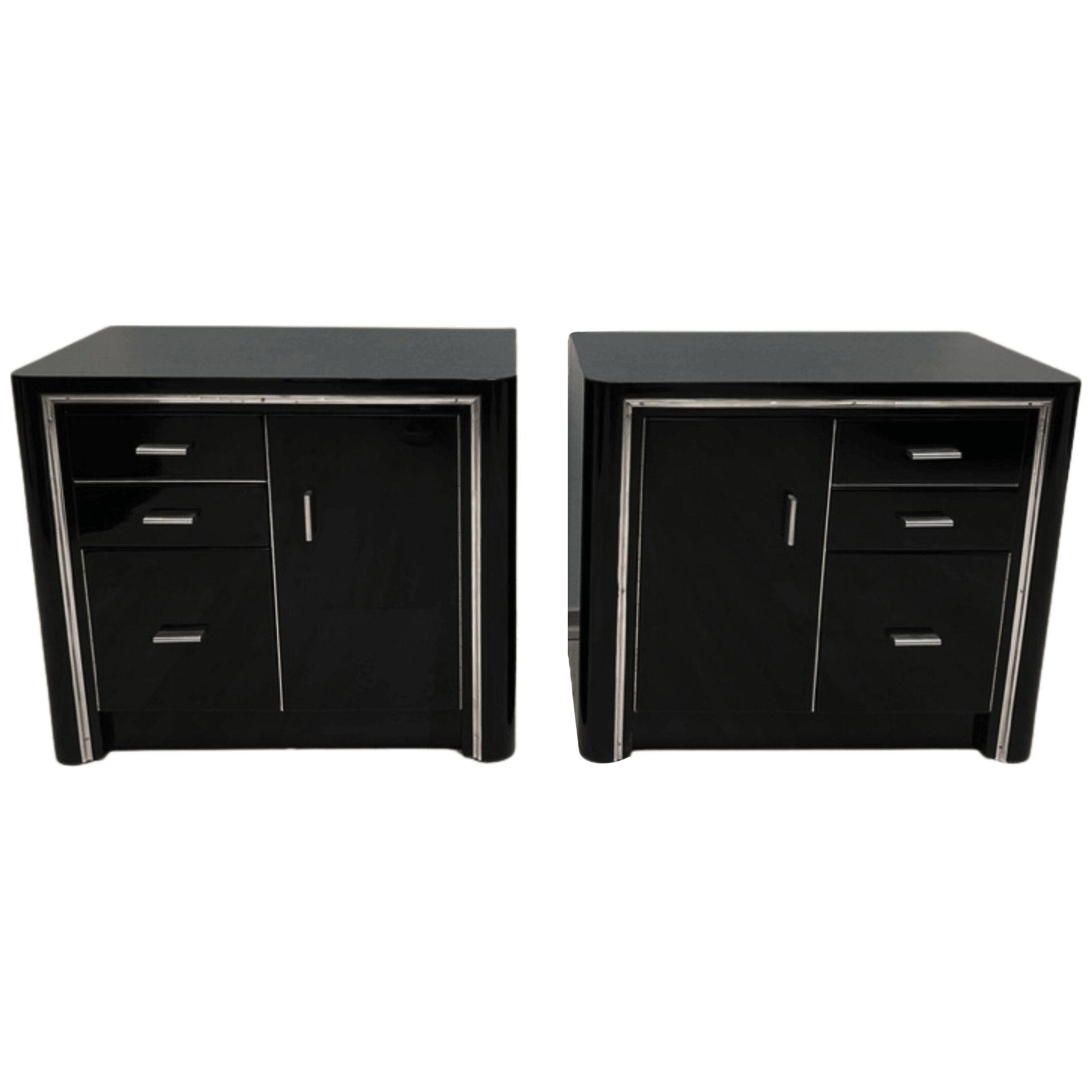 Art Deco Nightstands, Black lacquer and Metal, France circa 1940