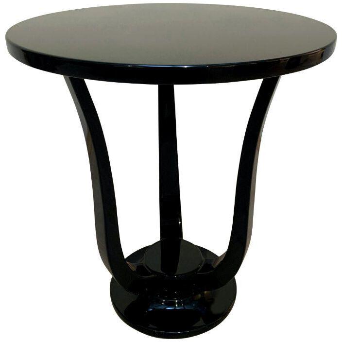 Three-Legged Art Deco Style Guéridon / Side Table, Black Lacquer