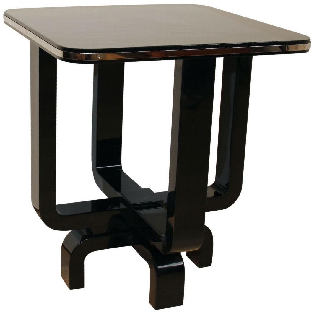 Four-legged Art Deco Side Table, Black Lacquer and Metal, France circa 1930