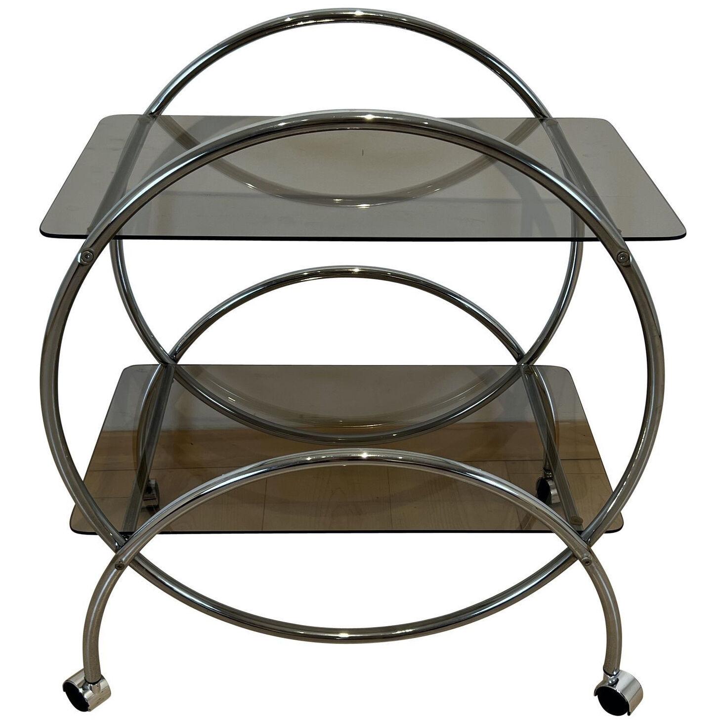 Art Deco Style Serving Trolley or Bar Cart, Chrome and Glass, Germany circa 1970