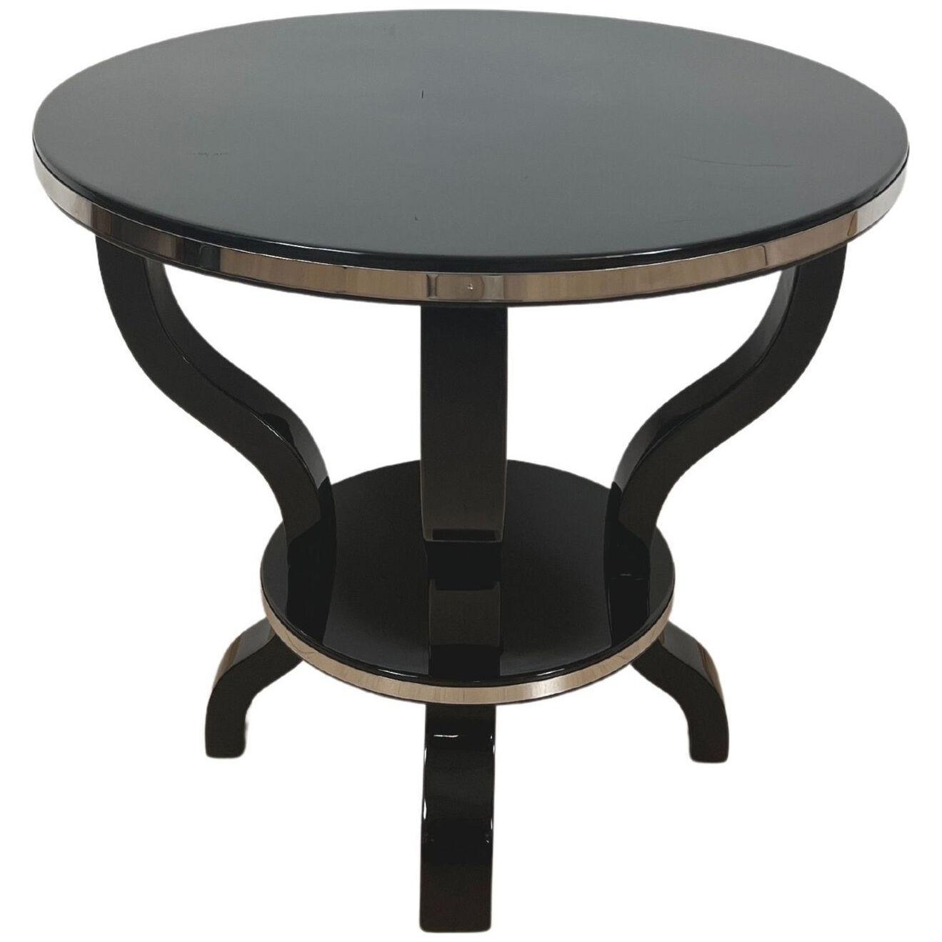 Art Deco Gueridon or Side Table, Black Lacquer and Metal, France circa 193