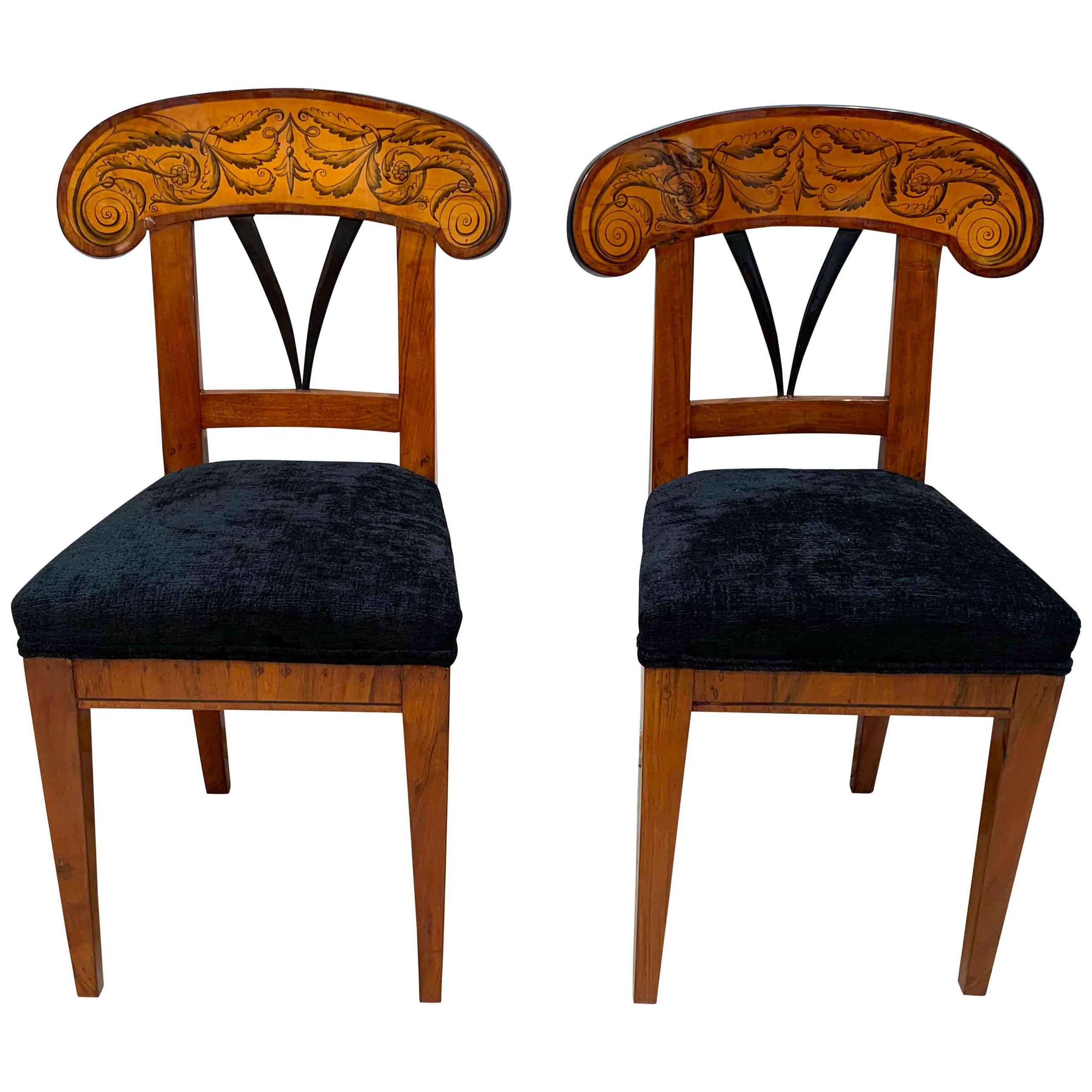 Pair of Biedermeier Shovel Chairs, Walnut, Ink Painting, South Germany ca. 1830