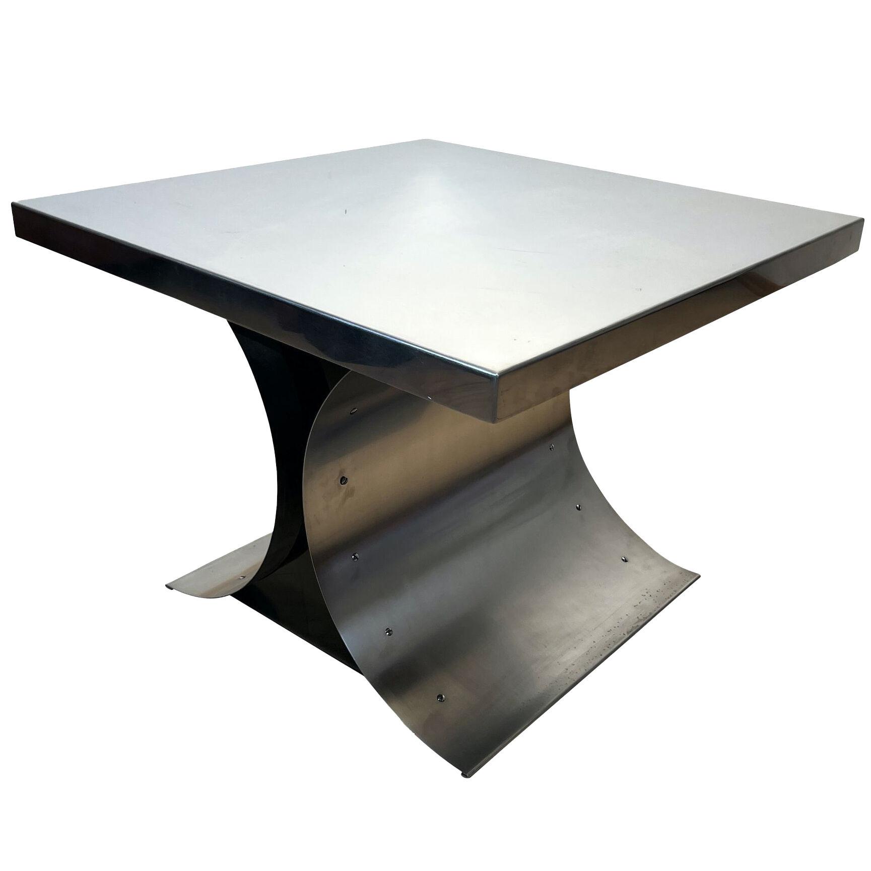 Mid-Century Curved Side Table, Brushed Metal, Lacquer, France circa 1970