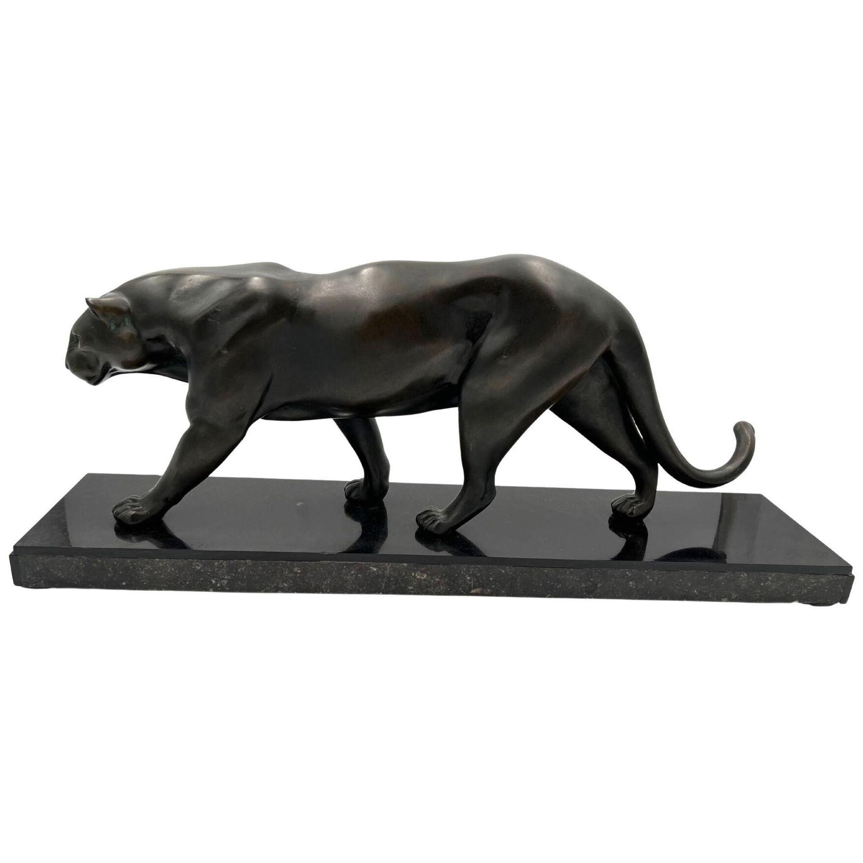 Large Art Deco Panther Sculpture by Rules, Bronze, Marble, France circa 1930