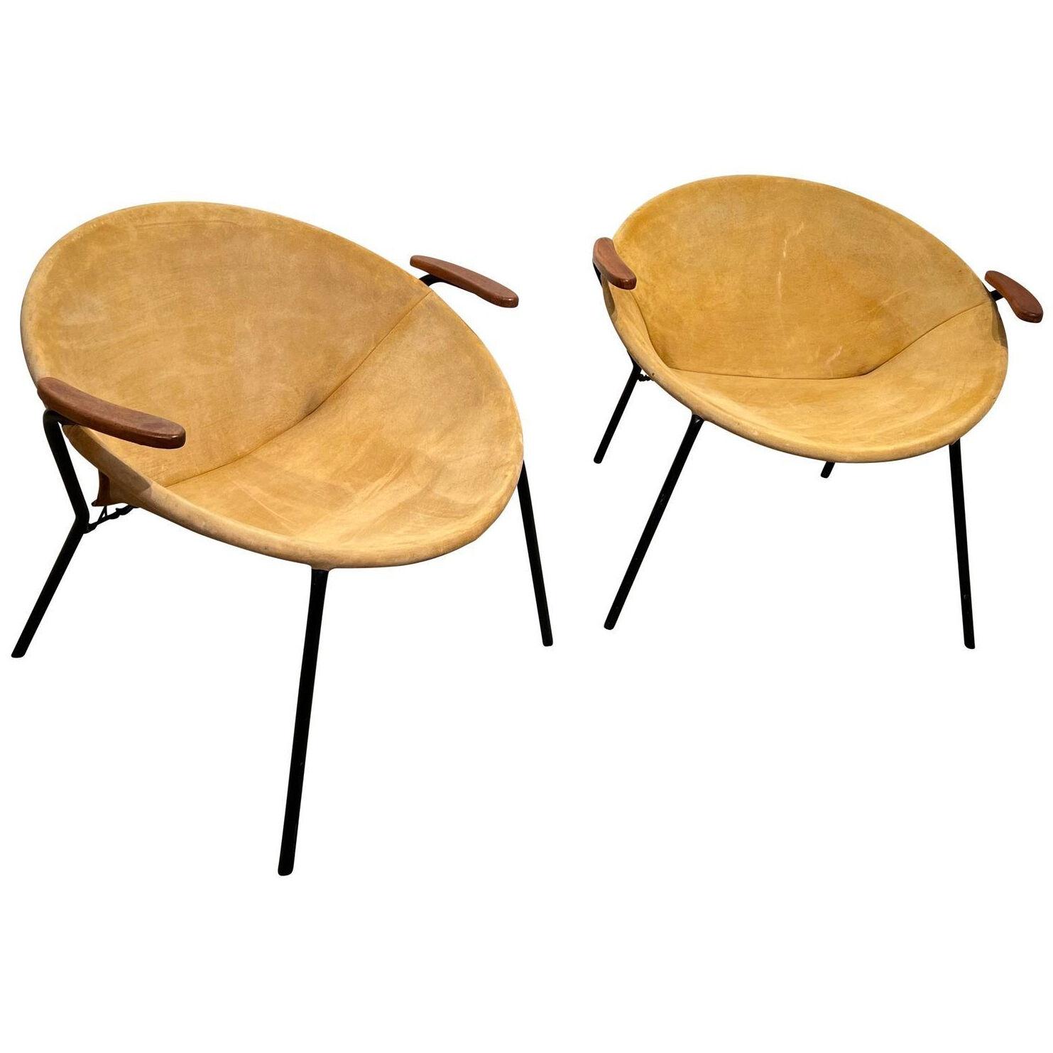Pair of ‚Balloon’ lounge chairs by Hans Olsen, Yellow Suede, Denmark circa 1960