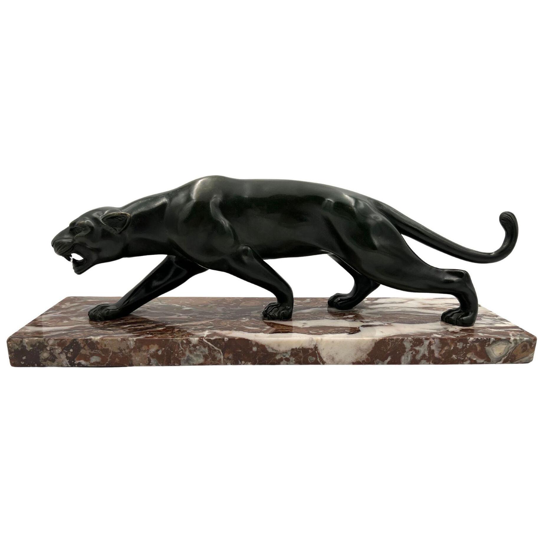 Art Deco Panther Sculpture by S. Melani, Bronze, Marble, France circa 1930