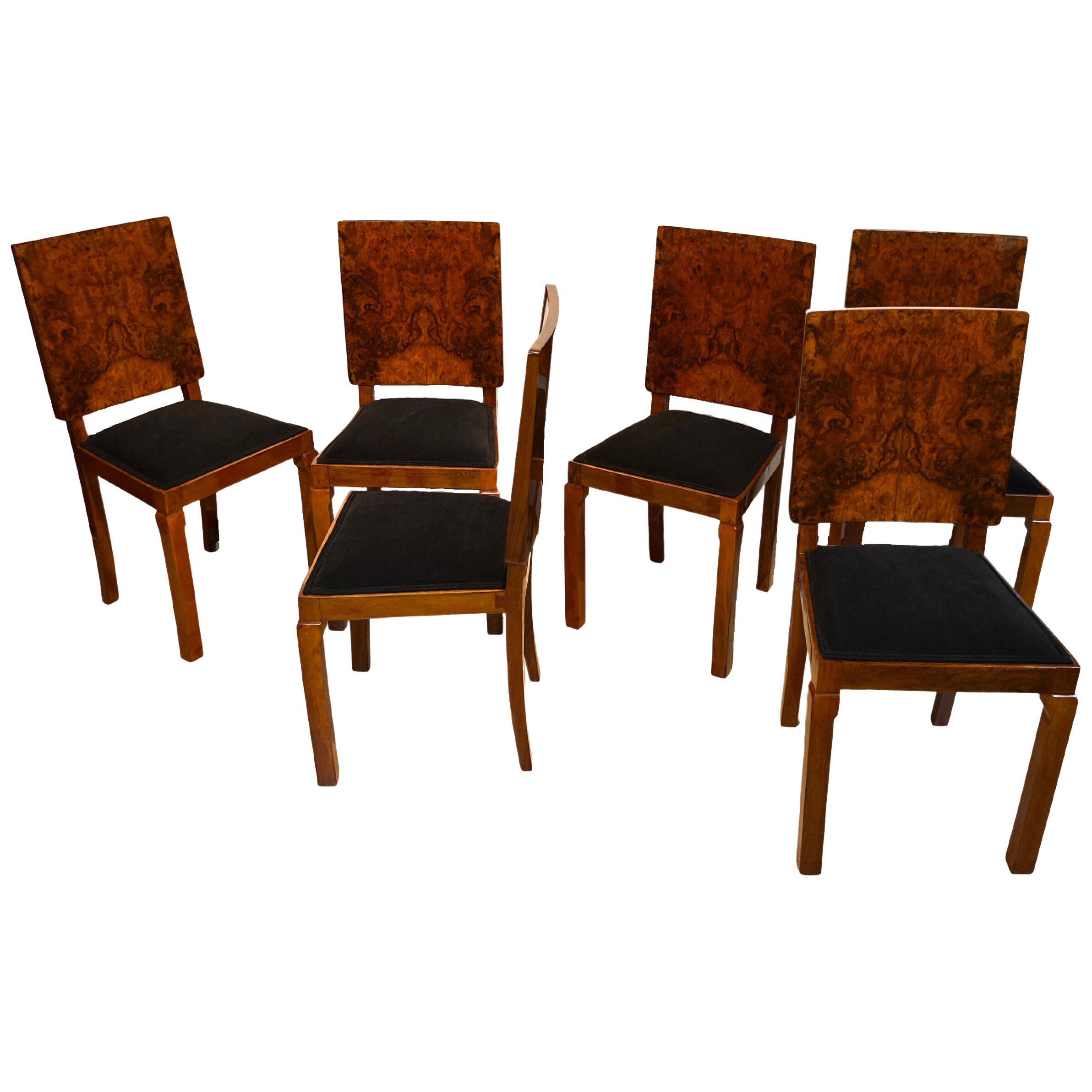 Set of Six Art Deco Dining Chairs, Walnut Roots Veneer, France circa 1930