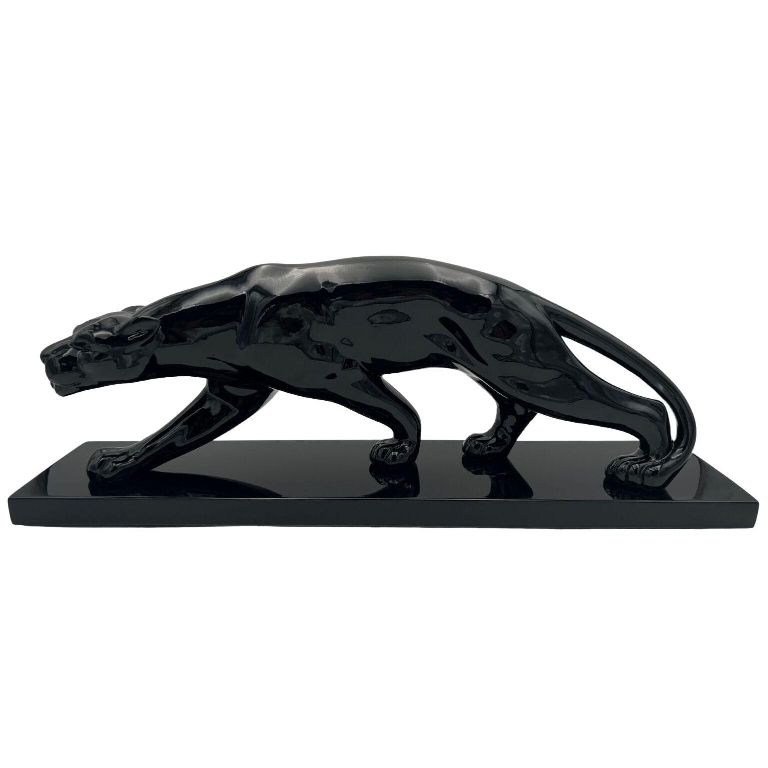 Art Deco Panther Sculpture, Black Lacquer, Ceramic, France circa 1930