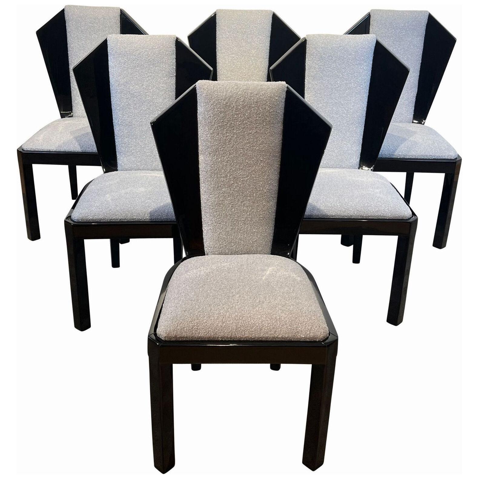 Set of Six Art Deco Dining Chairs, Black Lacquer, Grey Fabric, France circa 1930