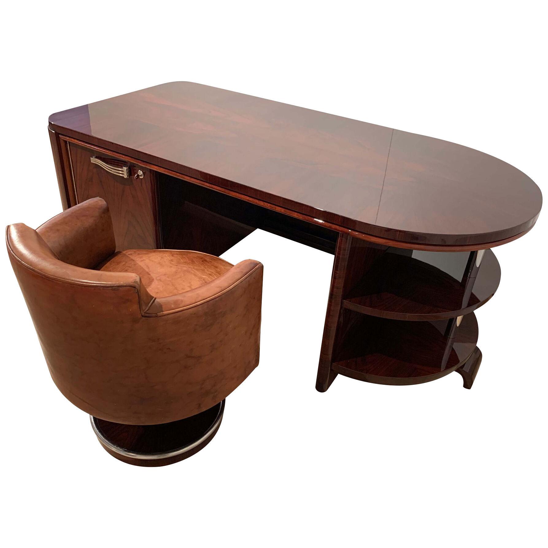 Art Deco Executive Desk and Leather Swivel Chair, Rosewood Veneer, France, 1930s