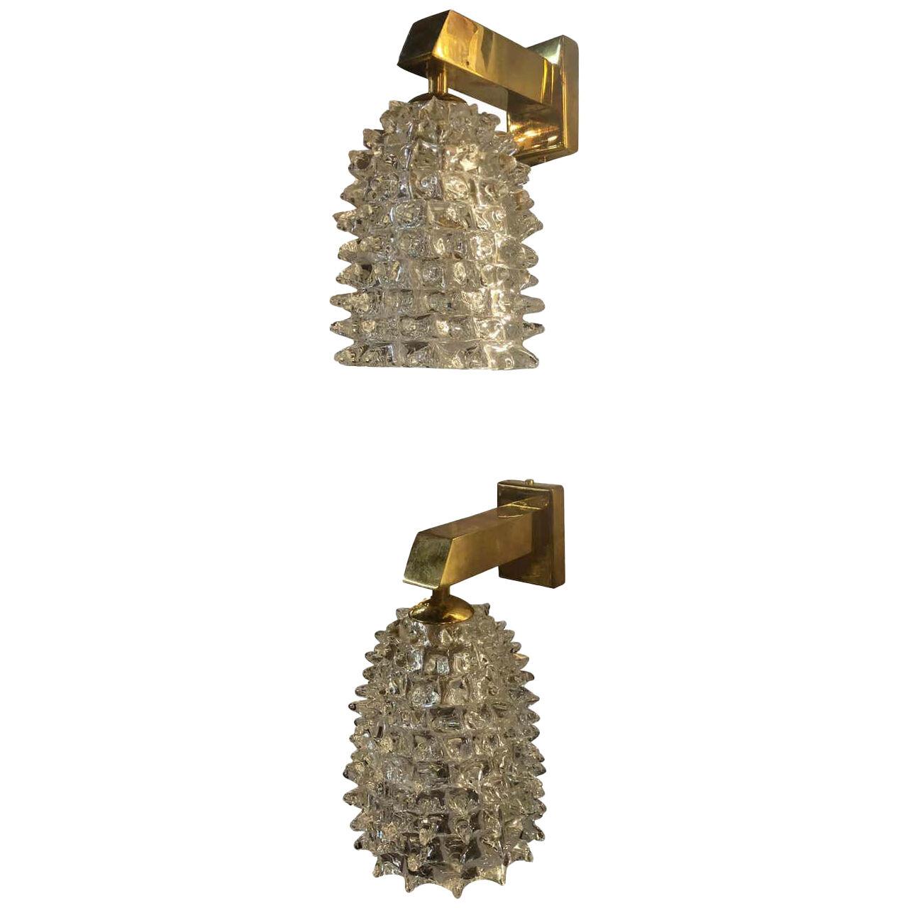 Pair of Vintage Murano Glass and Brass Single Light Sconces