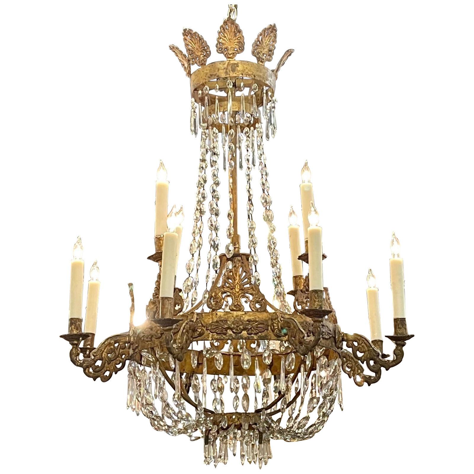 18th Century Italian Gilt Iron and Crystal Chandelier with 11 Lights