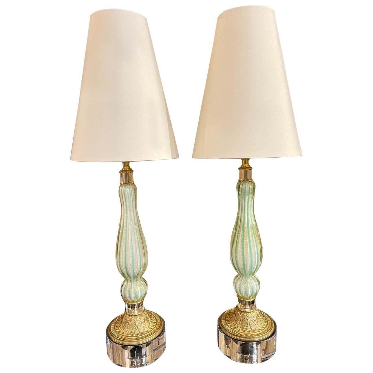 Pair of Vintage Murano Glass Lamps with Custom Gilt and Lucite Additions
