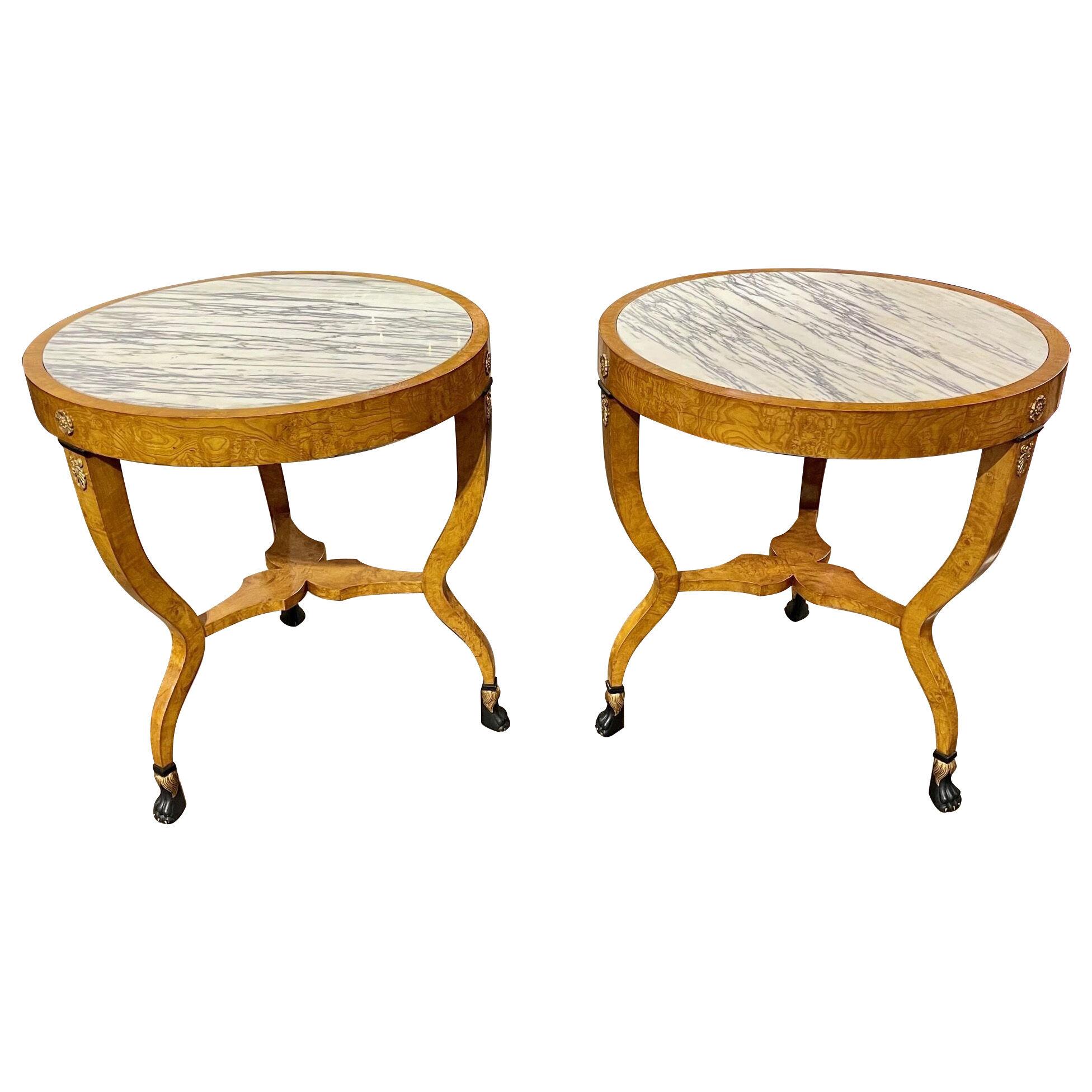 Pair of Italian Burl Walnut and Breccia Violet Marble Side Tables