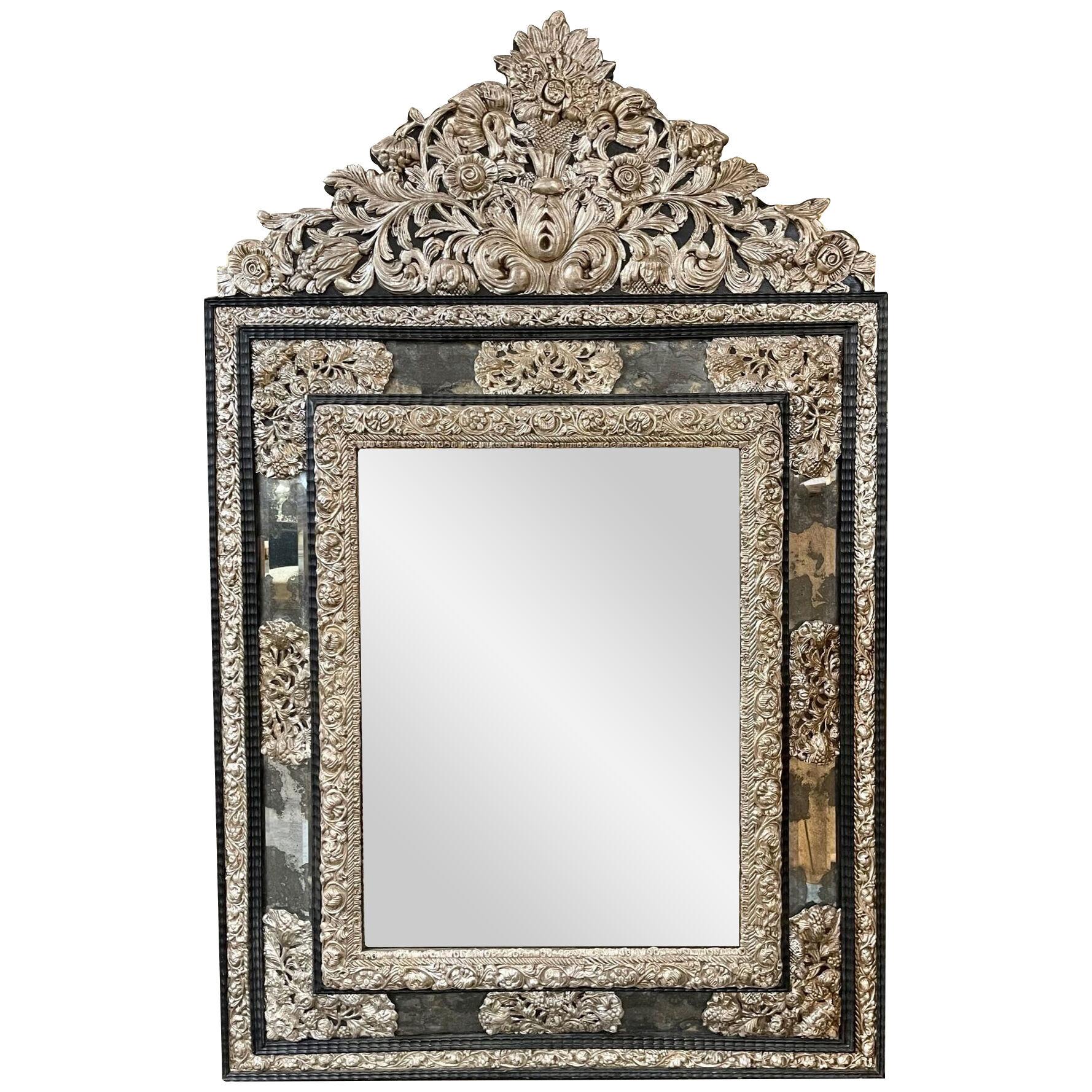 19th Century Dutch Silver Repousse' Brass and Ebonized Mirror