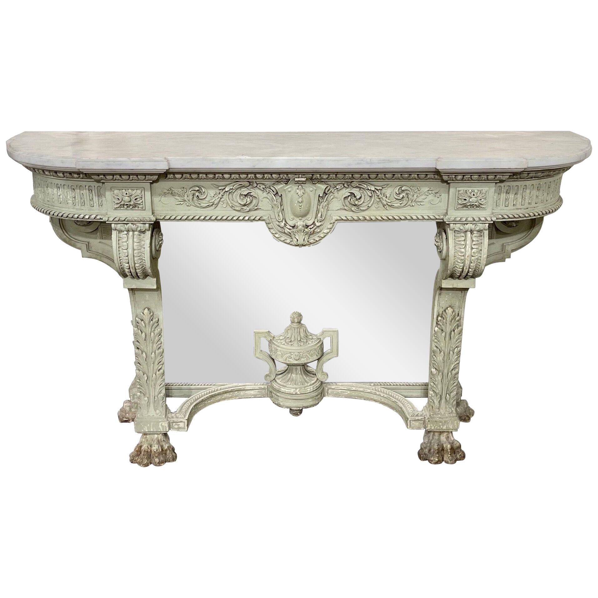 19th Century French Carved and Painted Console with Carrara Marble Top