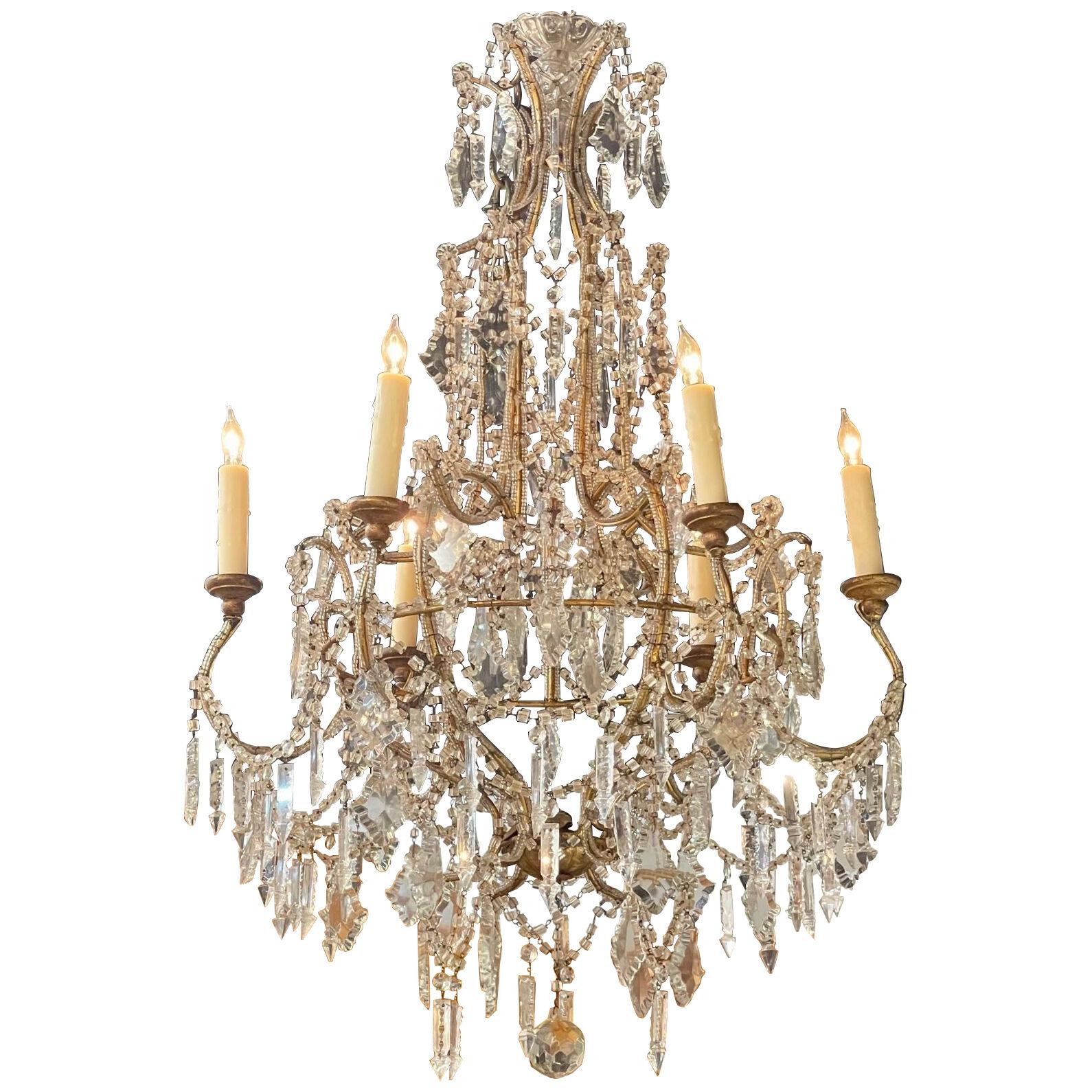 Vintage Italian Beaded Crystal Chandelier with 6 Lights